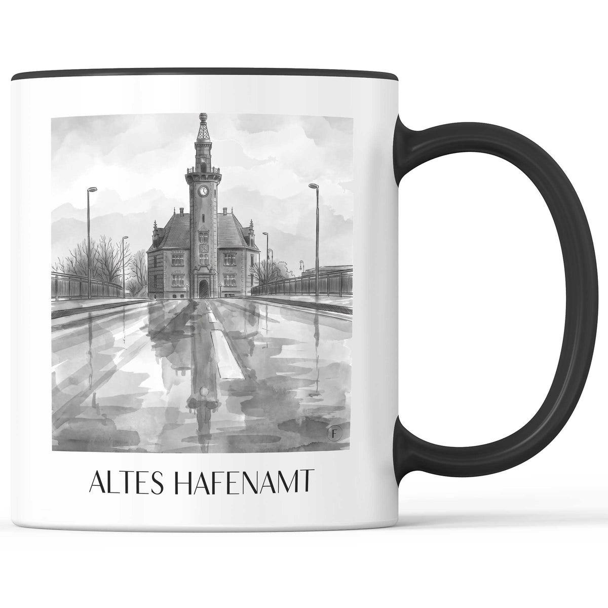 altes-hafenamt-dortmund-deutschland-kaffeebecher-aquarell-schwarz-weiss