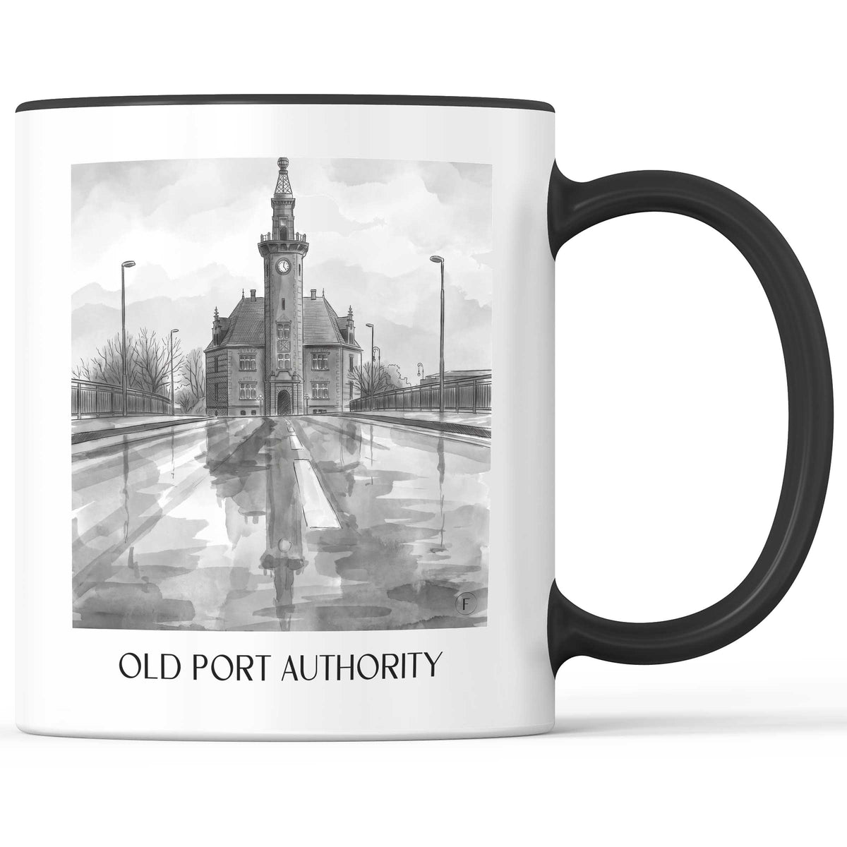 Altes Hafenamt Kaffeebecher - Dortmund - Deutschland Becher - Kaffeetasse im Aquarell Schwarz-Weiß Stil - favplace