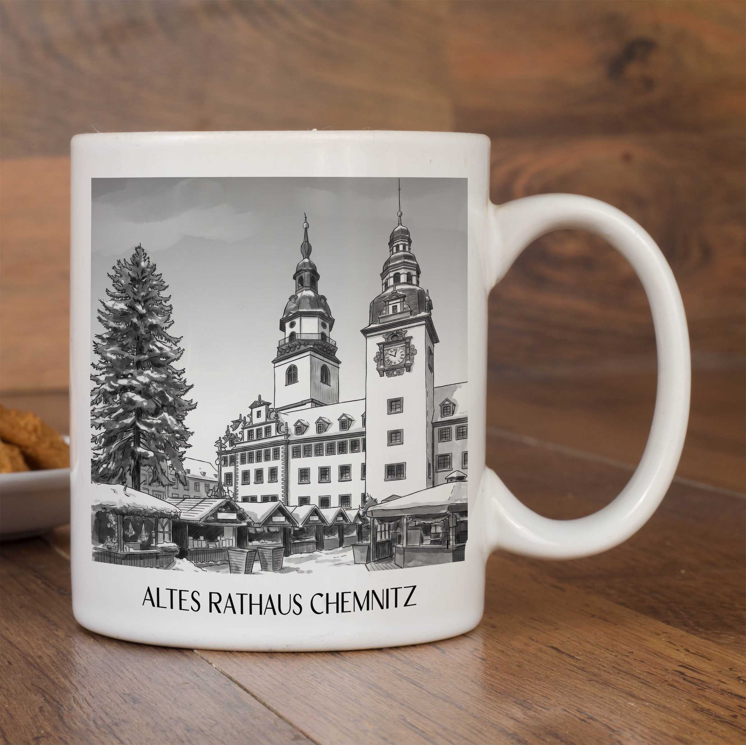altes-rathaus-chemnitz-deutschland-kaffeebecher-aquarell-schwarz-weiss