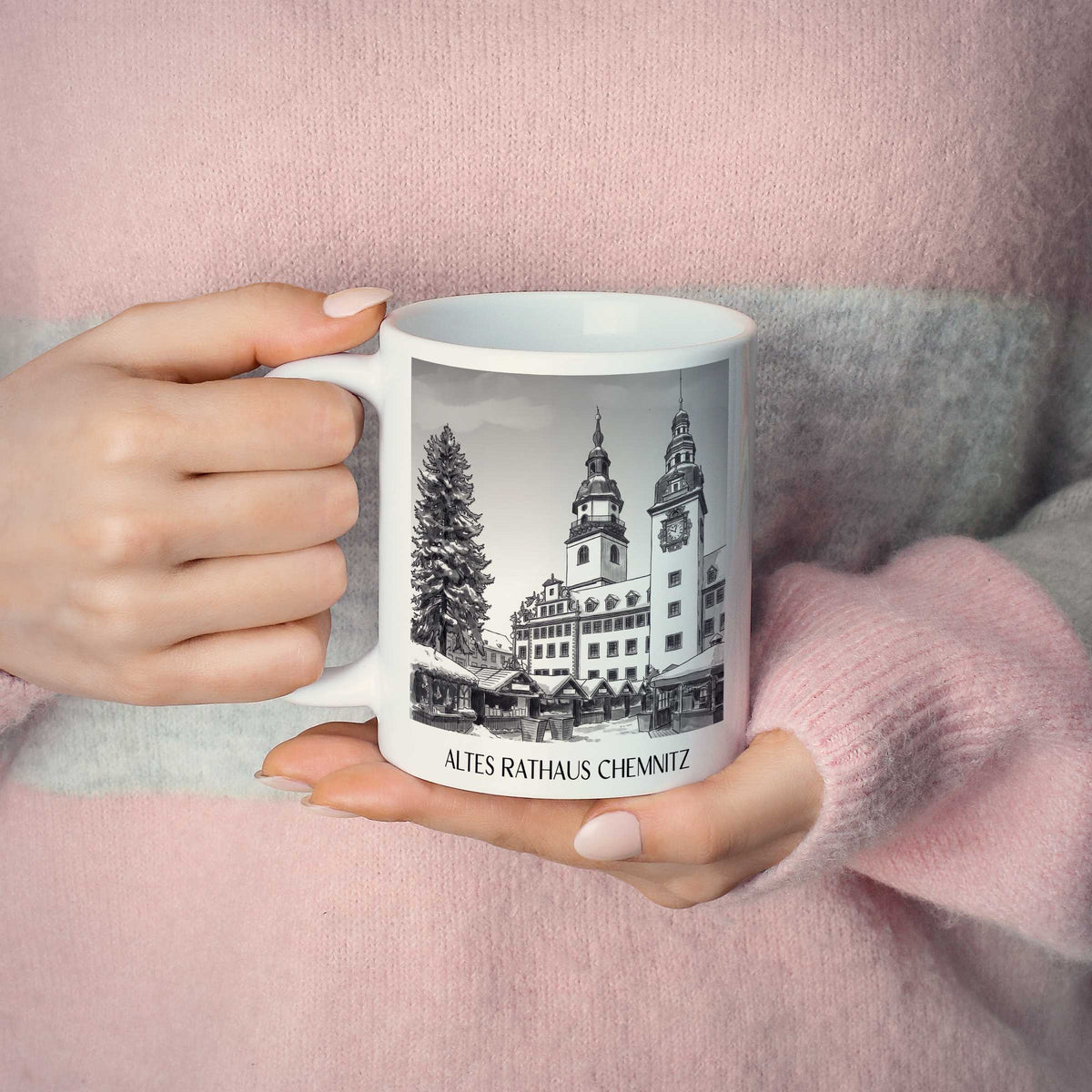 altes-rathaus-chemnitz-deutschland-kaffeebecher-aquarell-schwarz-weiss