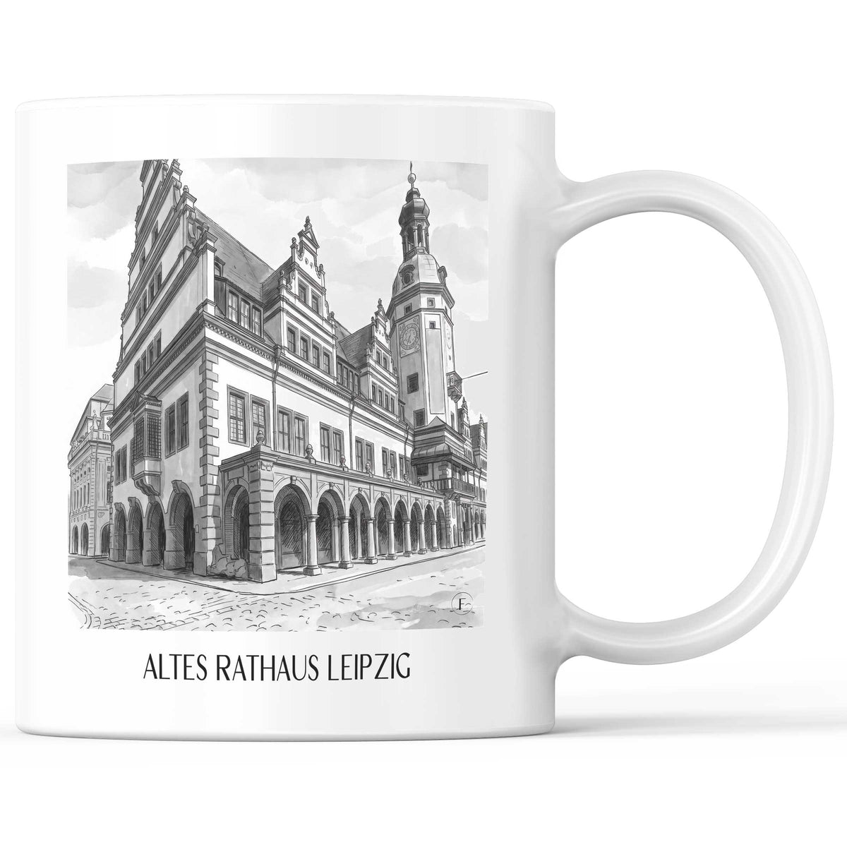 Altes Rathaus Kaffeebecher - Leipzig - Deutschland Becher - Kaffeetasse im Aquarell Schwarz-Weiß Stil - favplace