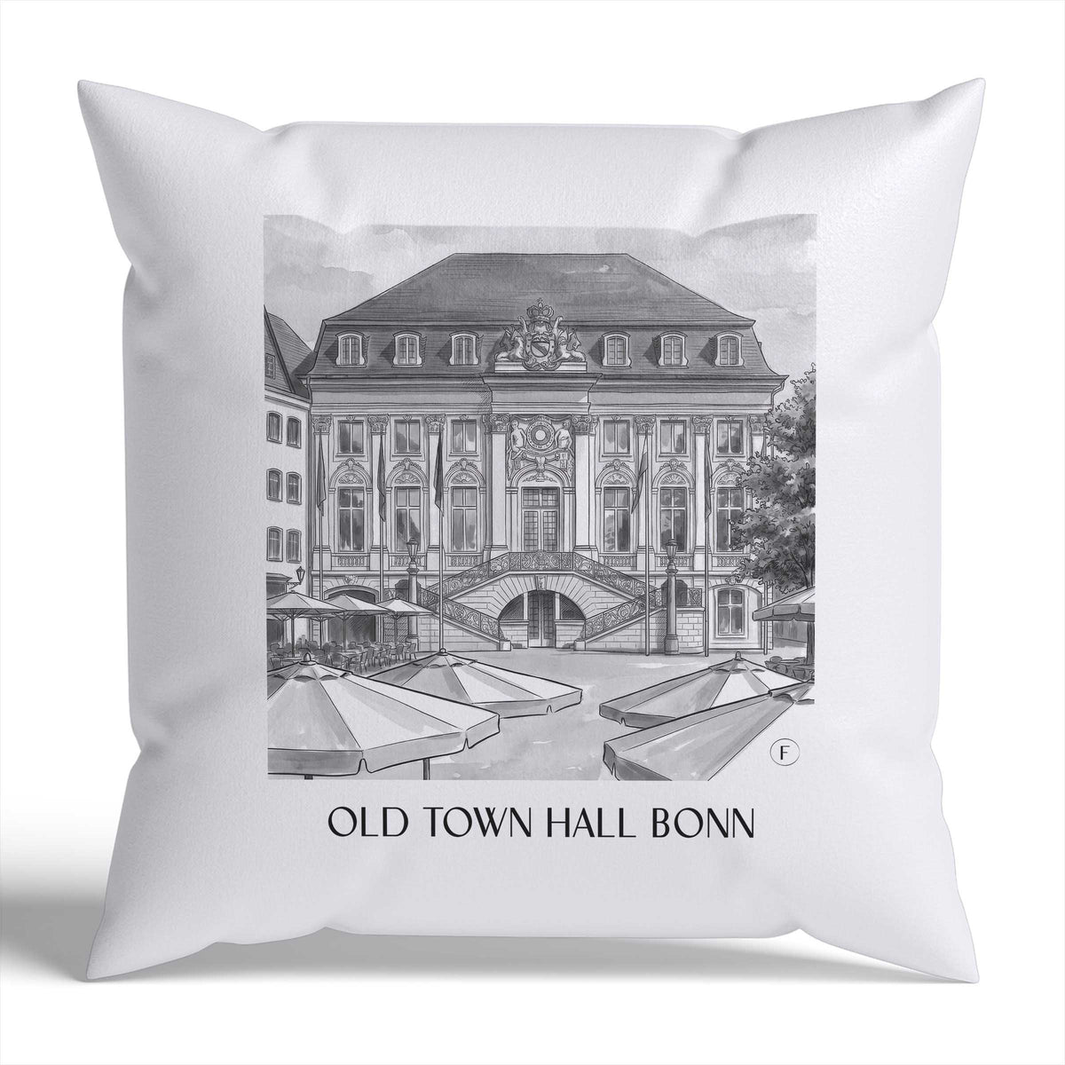 Altes Rathaus Kissenhülle - Zierkissen Bezug - Bonn - Deutschland Kissen bzw. Kissenbezug im Aquarell Schwarz-Weiß Stil - favplace