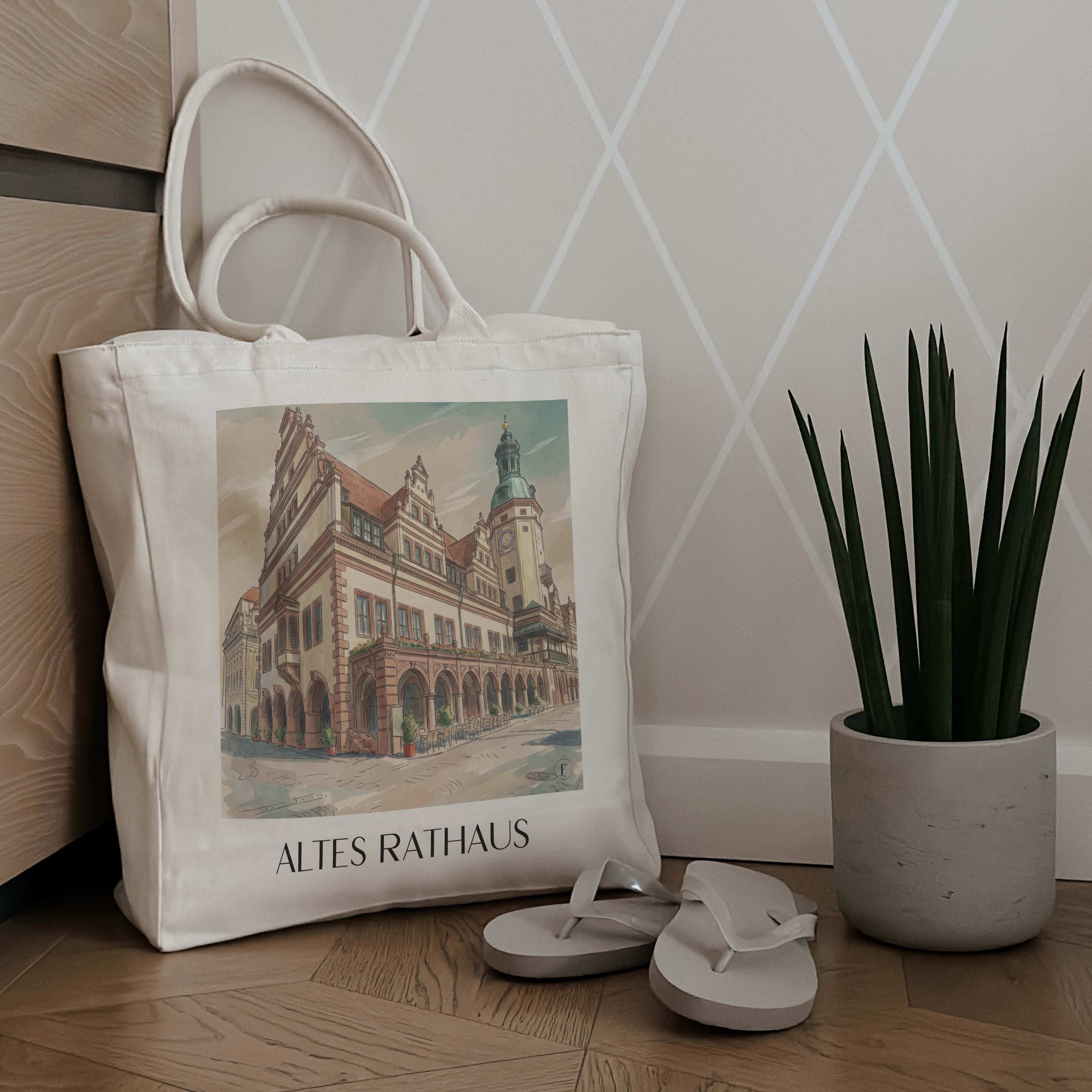 altes-rathaus-leipzig-deutschland-einkaufstasche-aquarell