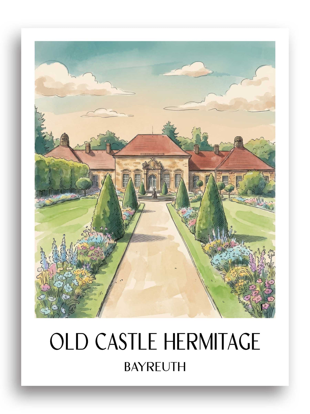 Altes Schloss Eremitage Poster - Bayreuth - Deutschland Kunstdruck - Aquarell von A4 bis A1 - favplace