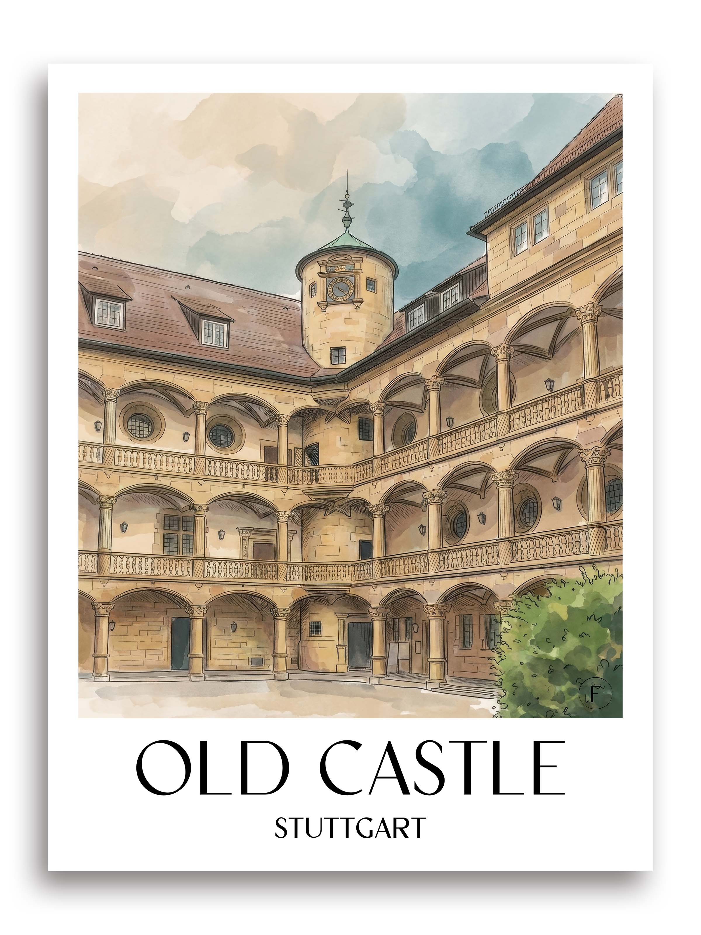 Altes Schloss Poster - Stuttgart - Deutschland Kunstdruck - Aquarell von A4 bis A1 - favplace