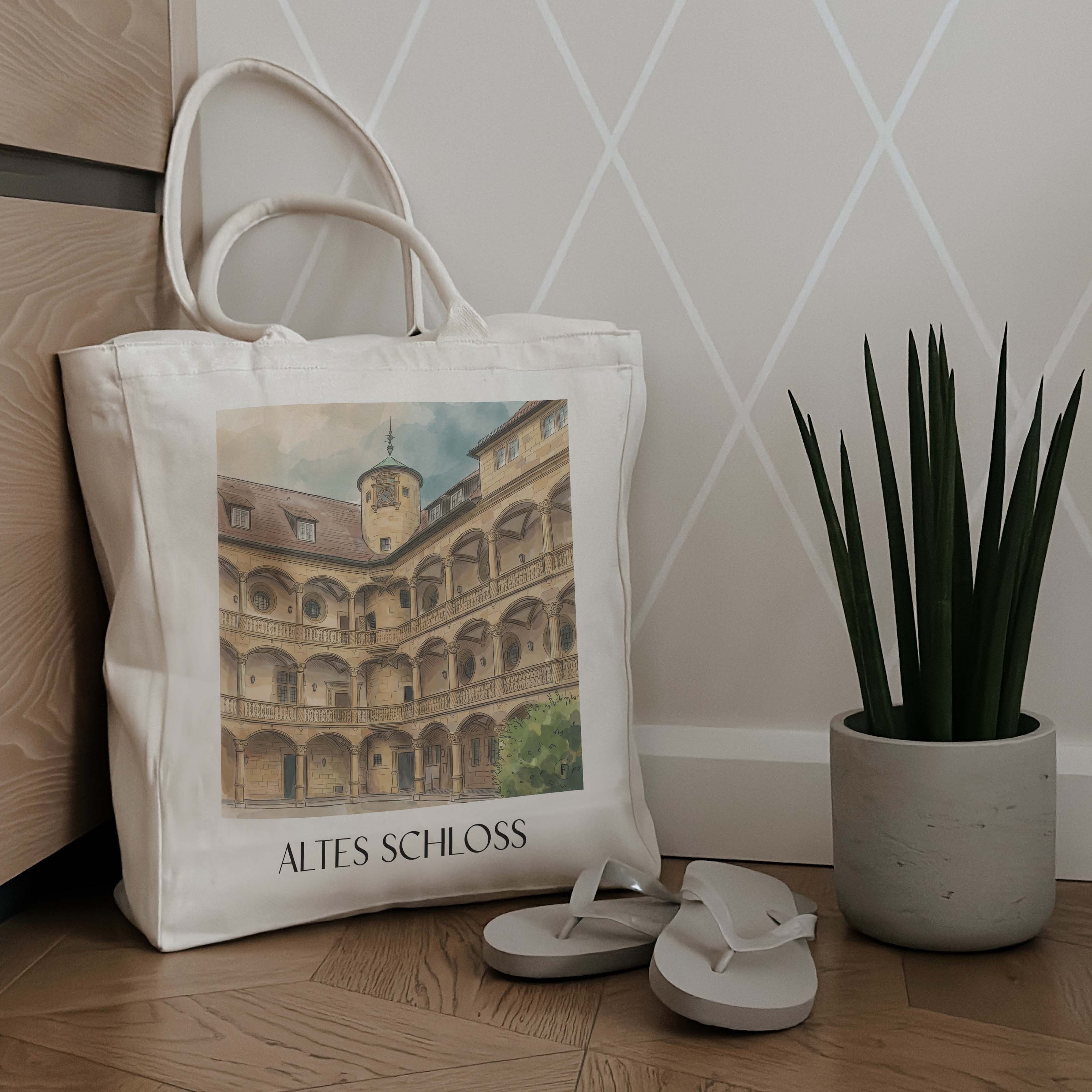 altes-schloss-stuttgart-deutschland-einkaufstasche-aquarell