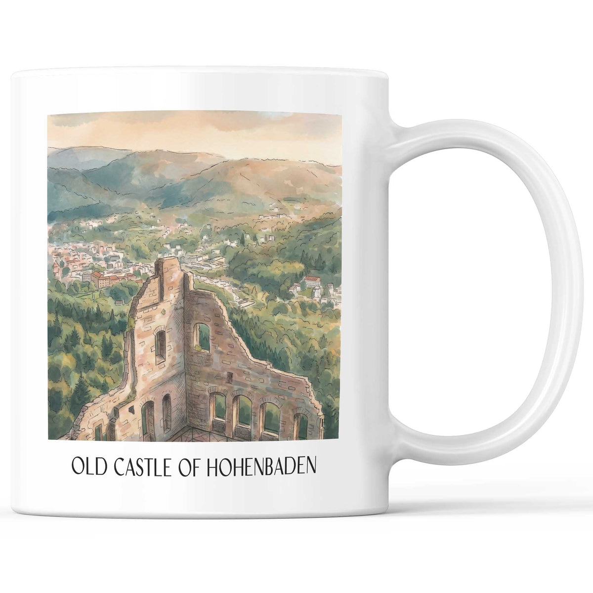 Altes Schloss zu Hohenbaden Kaffeebecher - Baden-Baden - Deutschland Becher - Kaffeetasse im Aquarell Stil - favplace