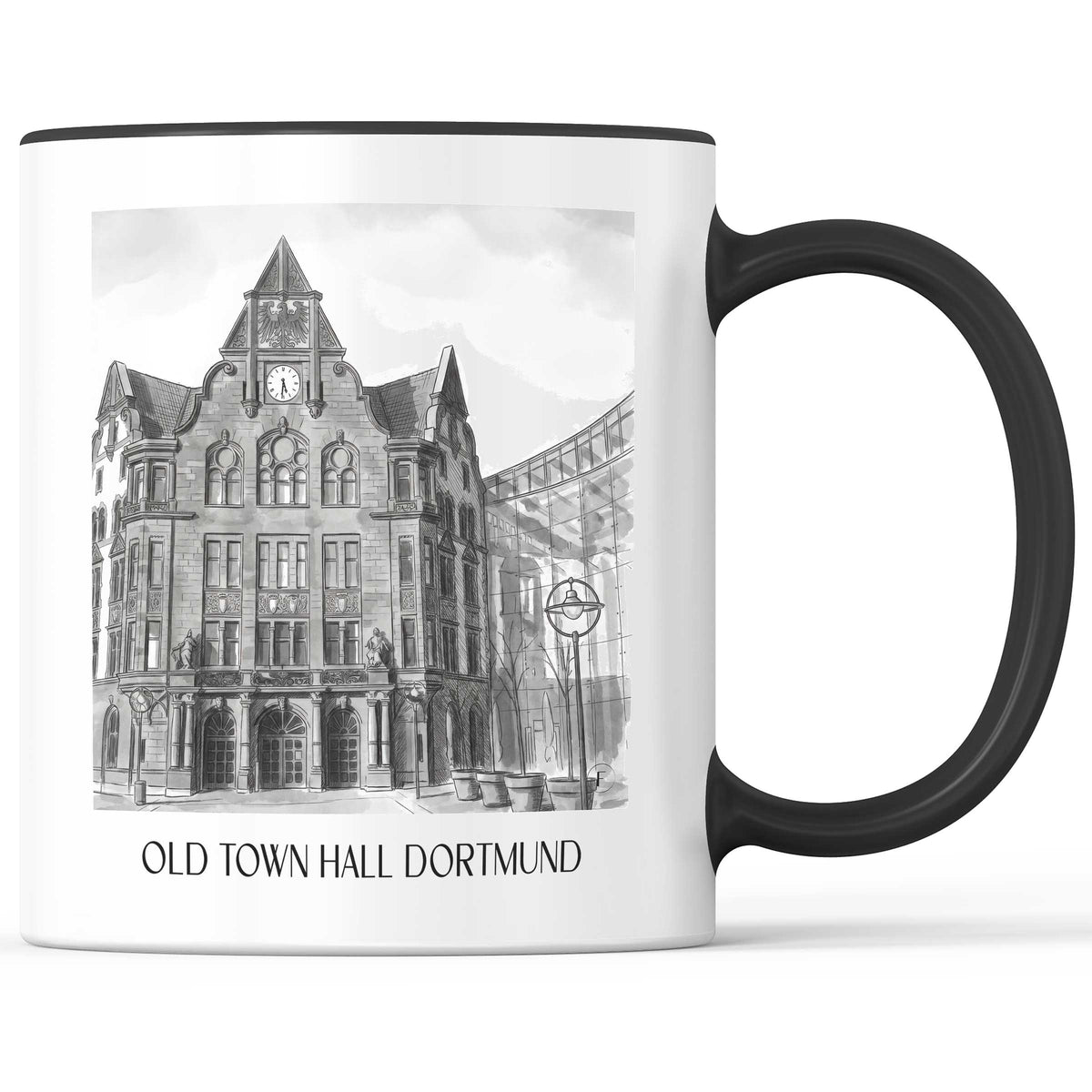 Altes Stadthaus Kaffeebecher - Dortmund - Deutschland Becher - Kaffeetasse im Aquarell Schwarz-Weiß Stil - favplace