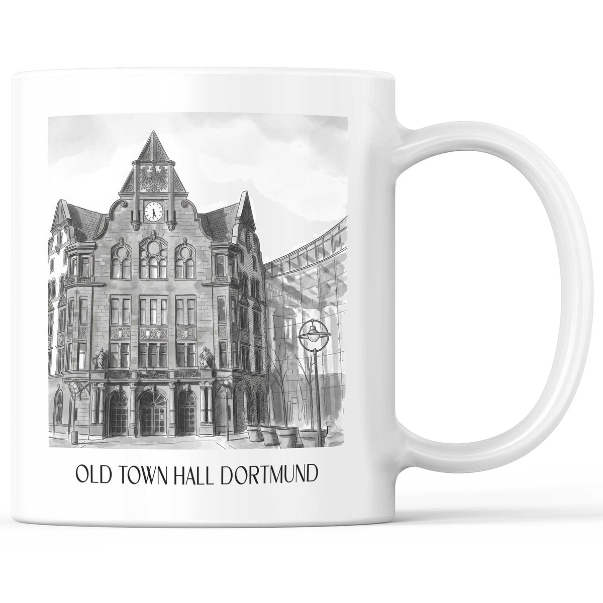 Altes Stadthaus Kaffeebecher - Dortmund - Deutschland Becher - Kaffeetasse im Aquarell Schwarz-Weiß Stil - favplace