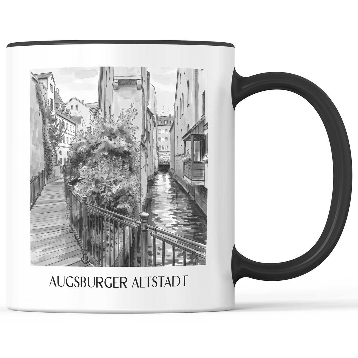 altstadt-augsburg-deutschland-kaffeebecher-aquarell-schwarz-weiss