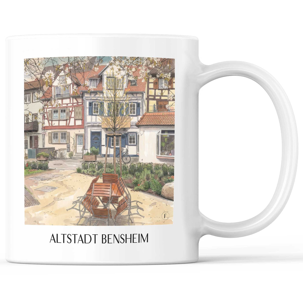 Altstadt Kaffeebecher - Bensheim - Deutschland Becher - Kaffeetasse im Aquarell Stil - favplace