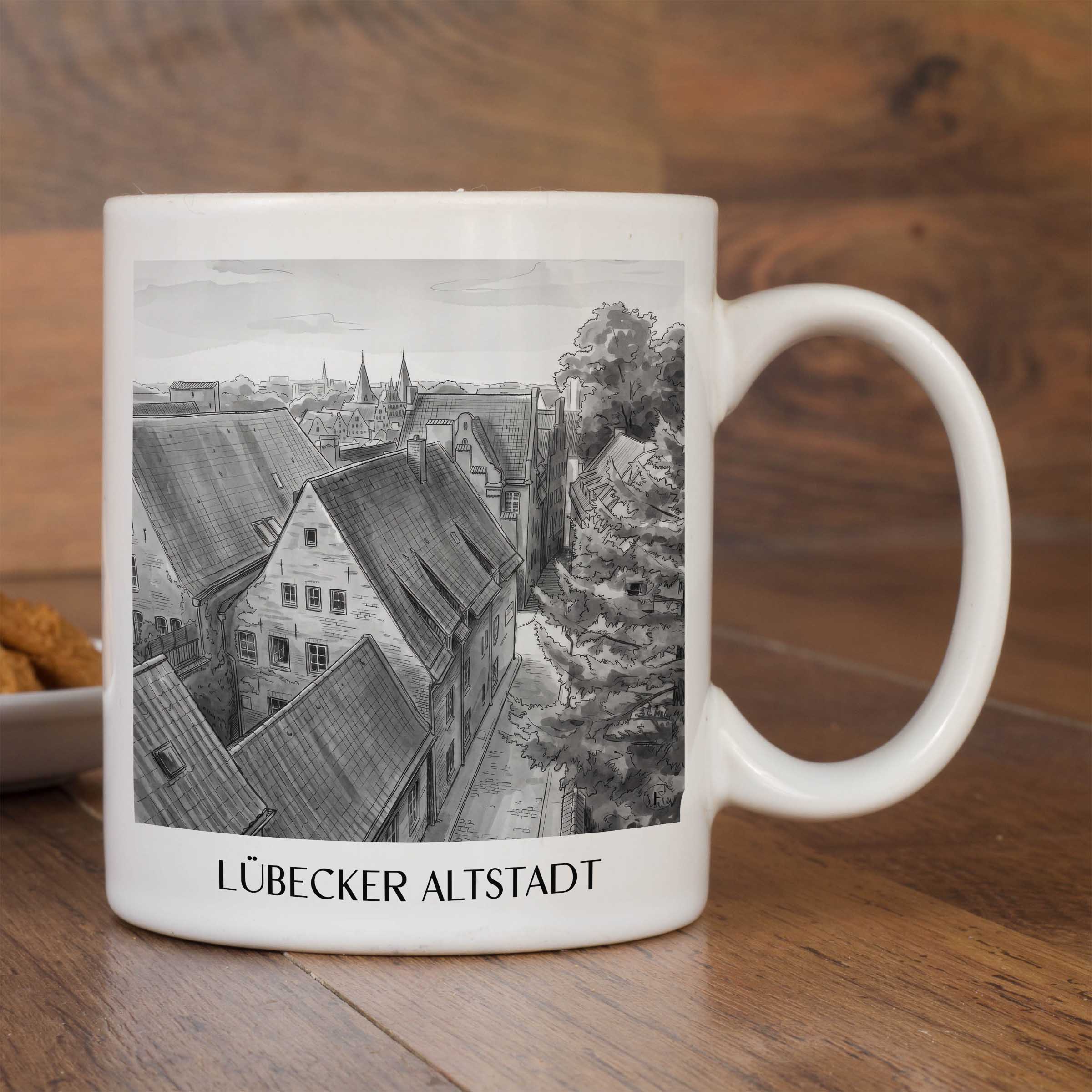 altstadt-lübeck-deutschland-kaffeebecher-aquarell-schwarz-weiss