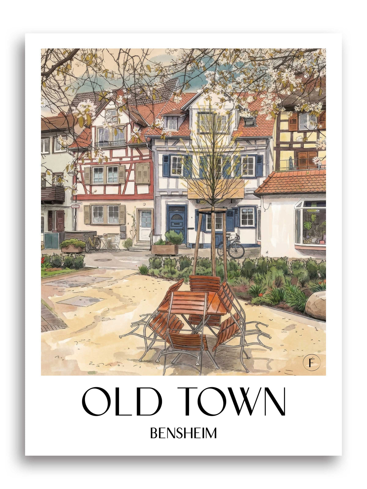 Altstadt Poster - Bensheim - Deutschland Kunstdruck - Aquarell von A4 bis A1 - favplace