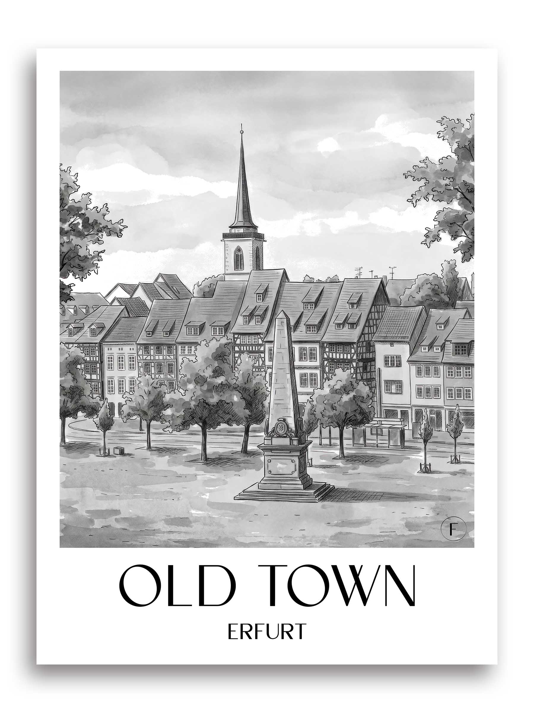 Altstadt Poster - Erfurt - Deutschland Kunstdruck - Aquarell Schwarz-Weiß von A4 bis A1 - favplace