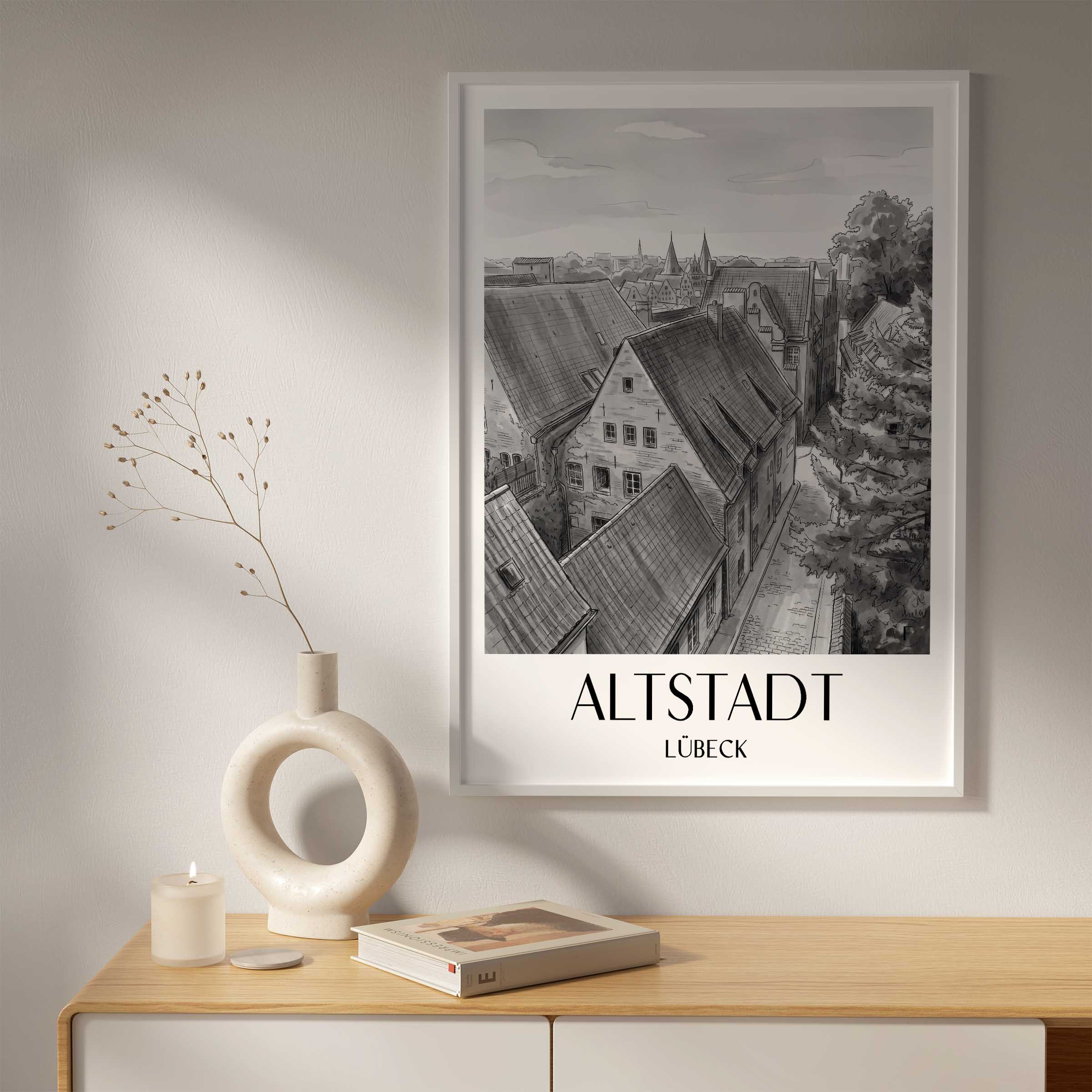 altstadt-lübeck-deutschland-poster-aquarell-schwarz-weiss