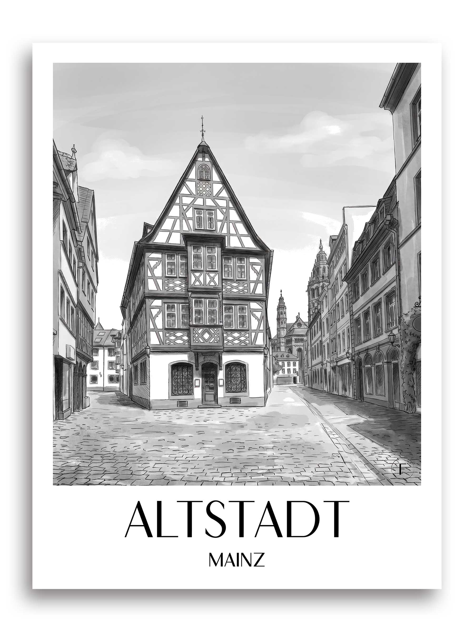 altstadt-mainz-deutschland-poster-aquarell-schwarz-weiss