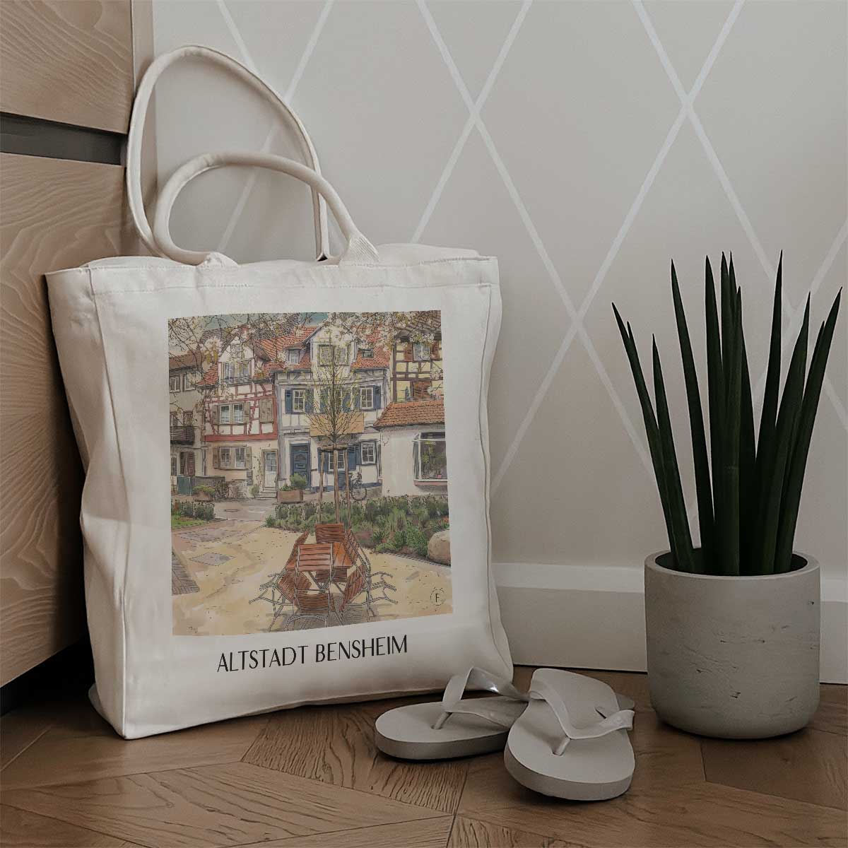 altstadt-bensheim-deutschland-einkaufstasche-aquarell