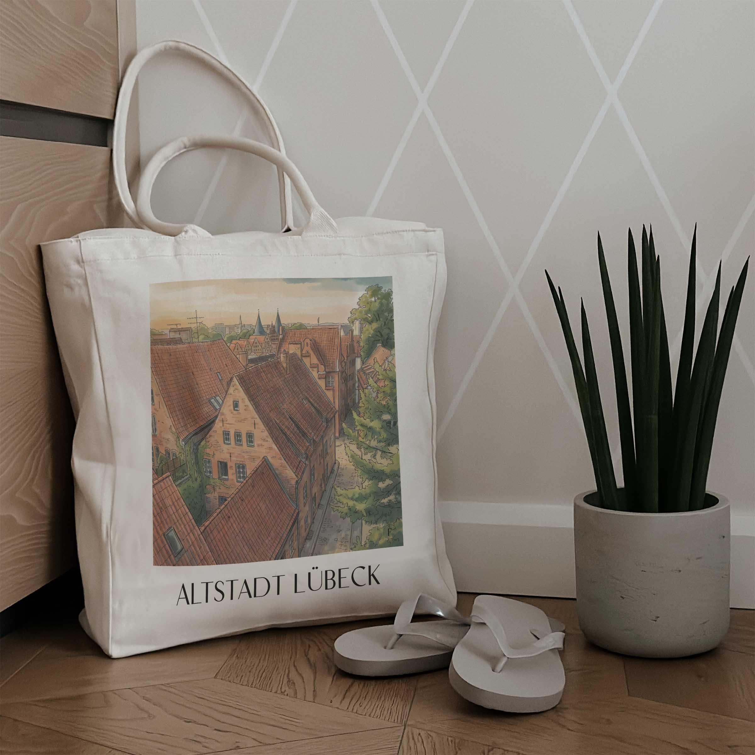 altstadt-lübeck-deutschland-einkaufstasche-aquarell