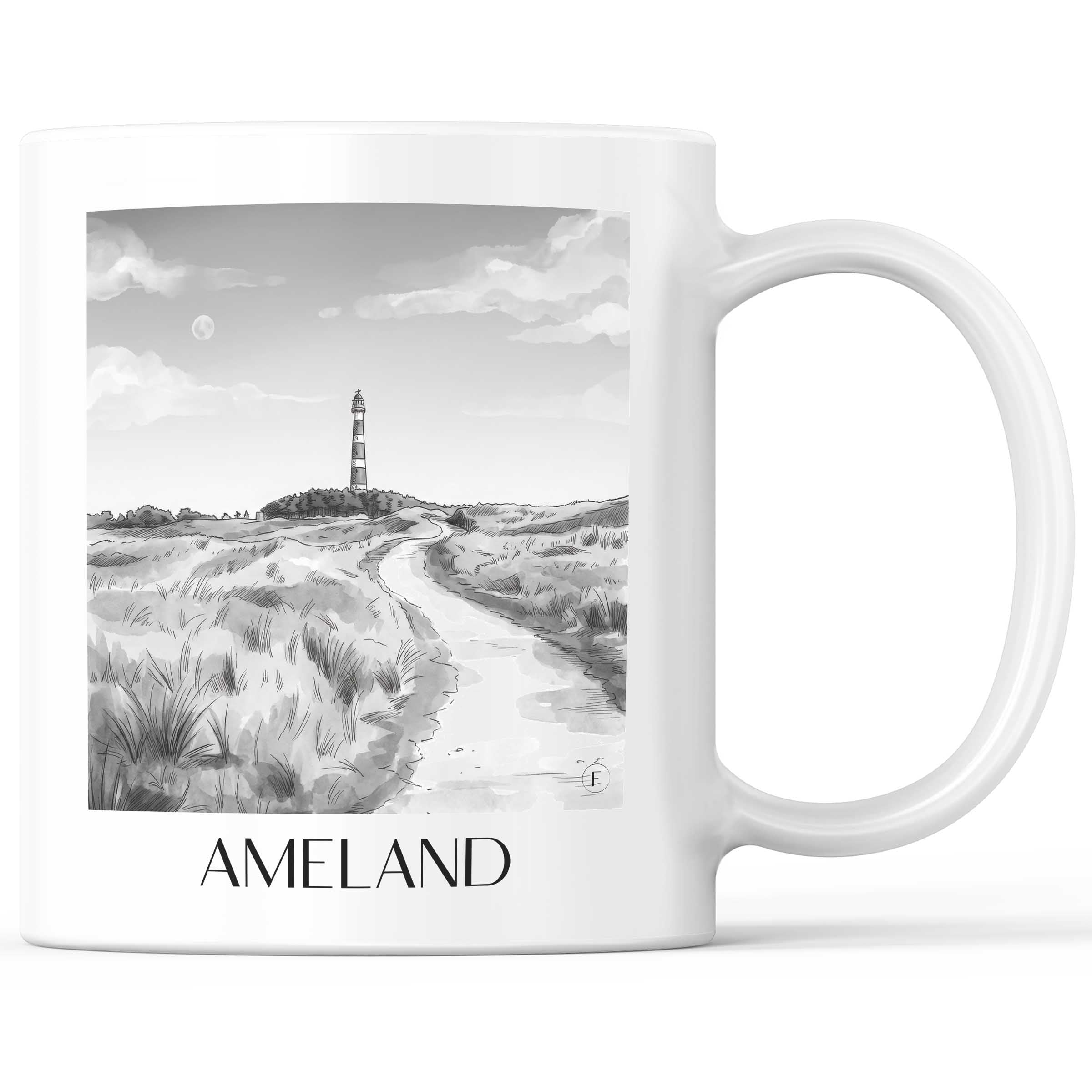 Ameland - Niederlande Becher - Kaffeetasse im Aquarell Schwarz-Weiß Stil - favplace
