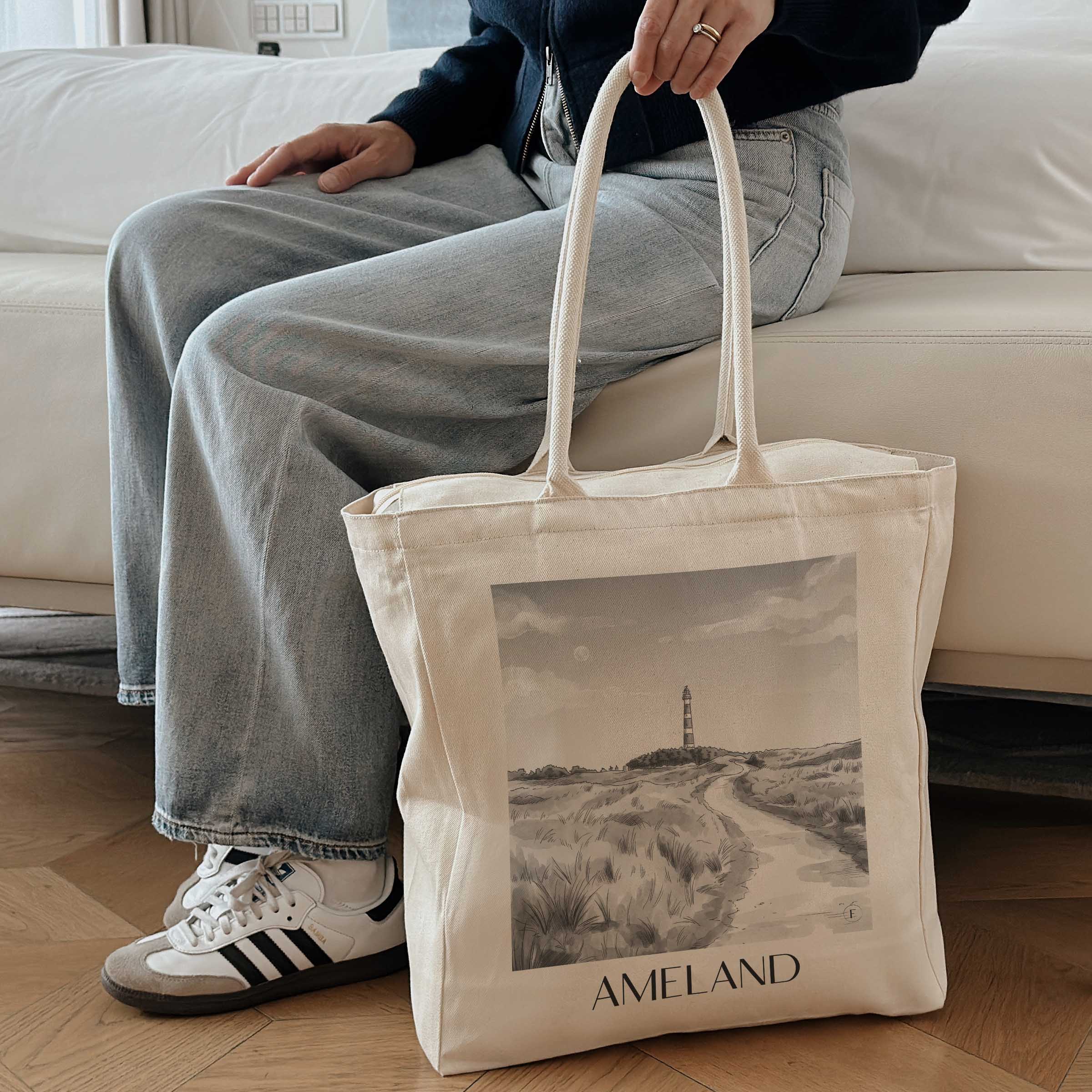 ameland-niederlande-einkaufstasche-aquarell-schwarz-weiss