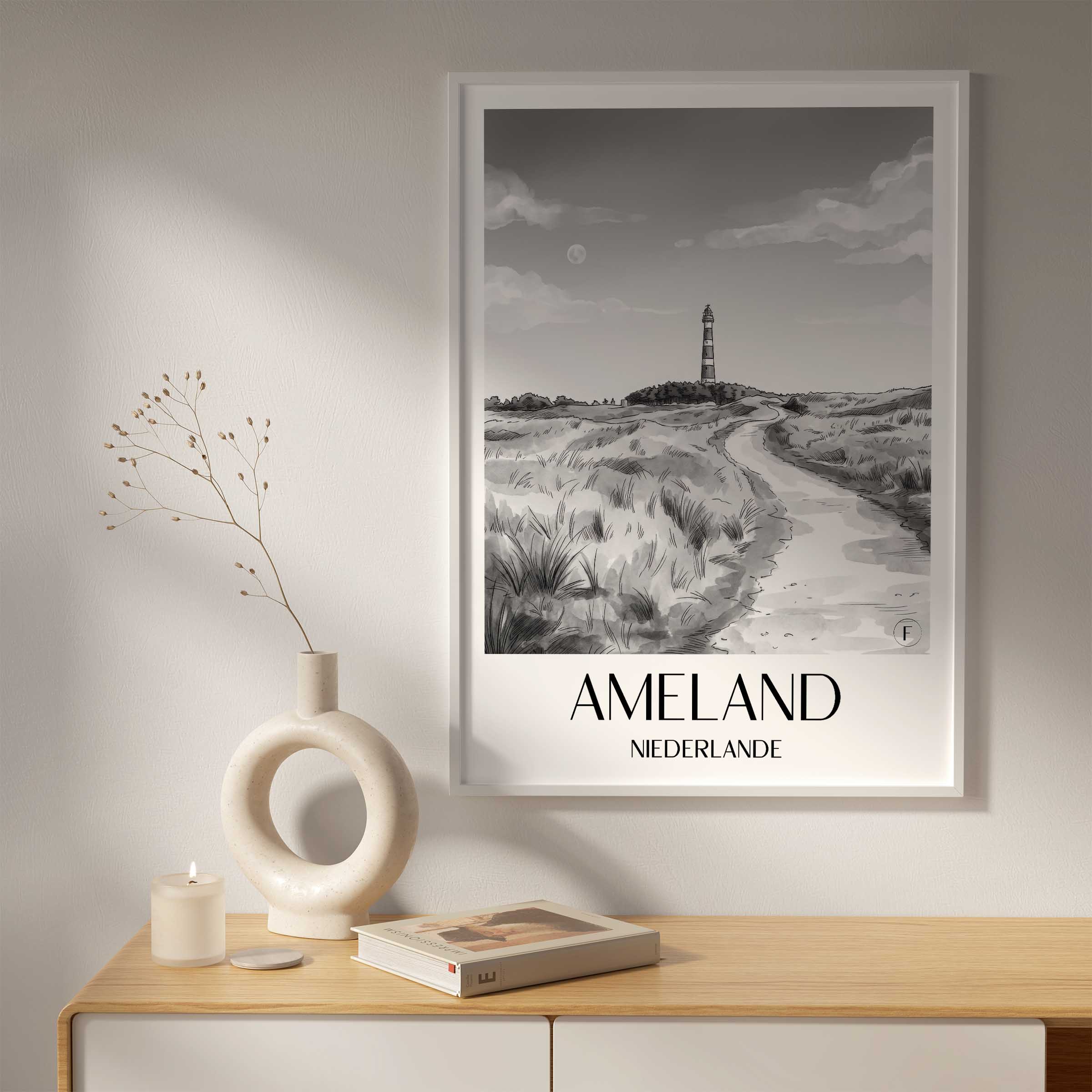 ameland-niederlande-poster-aquarell-schwarz-weiss