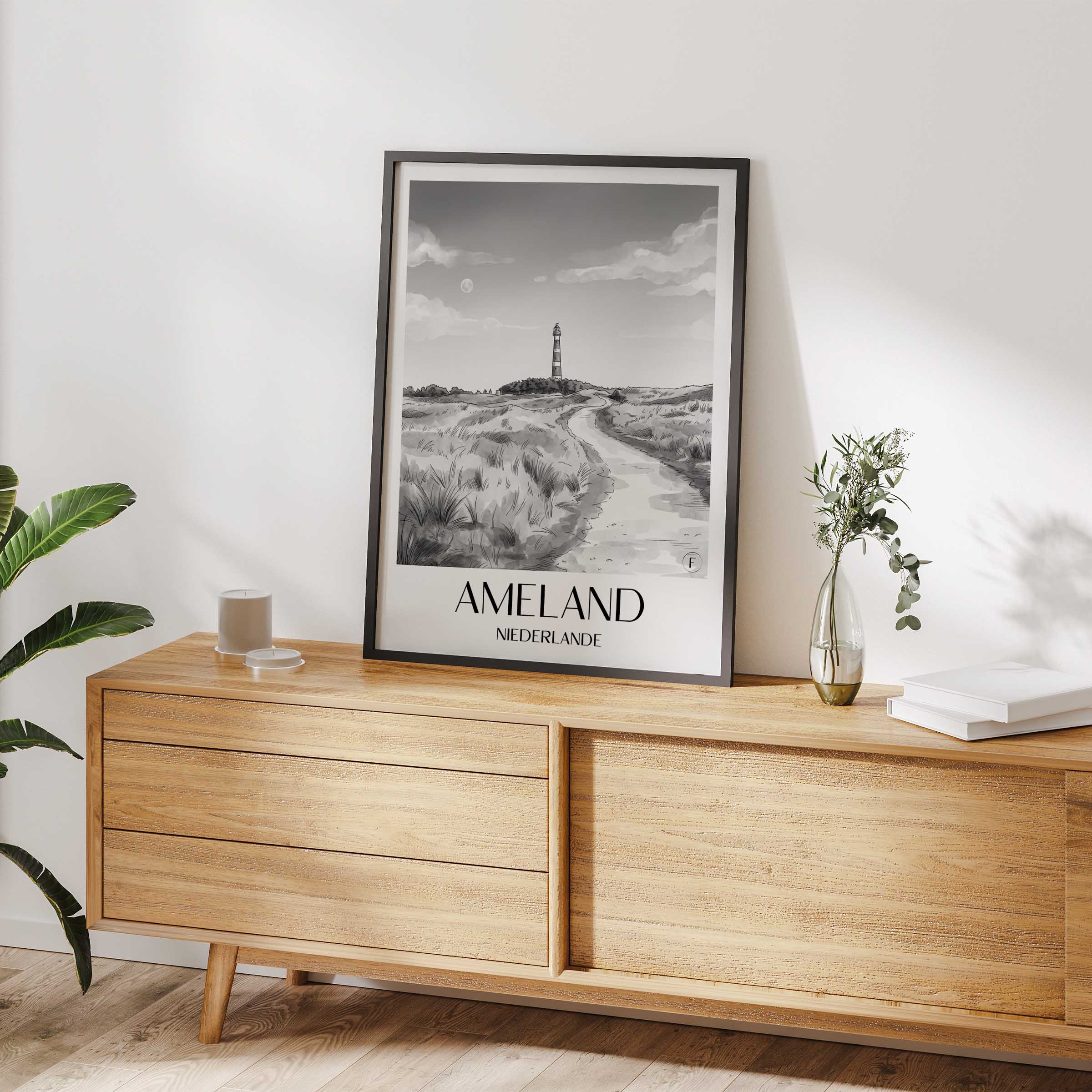 ameland-niederlande-poster-aquarell-schwarz-weiss