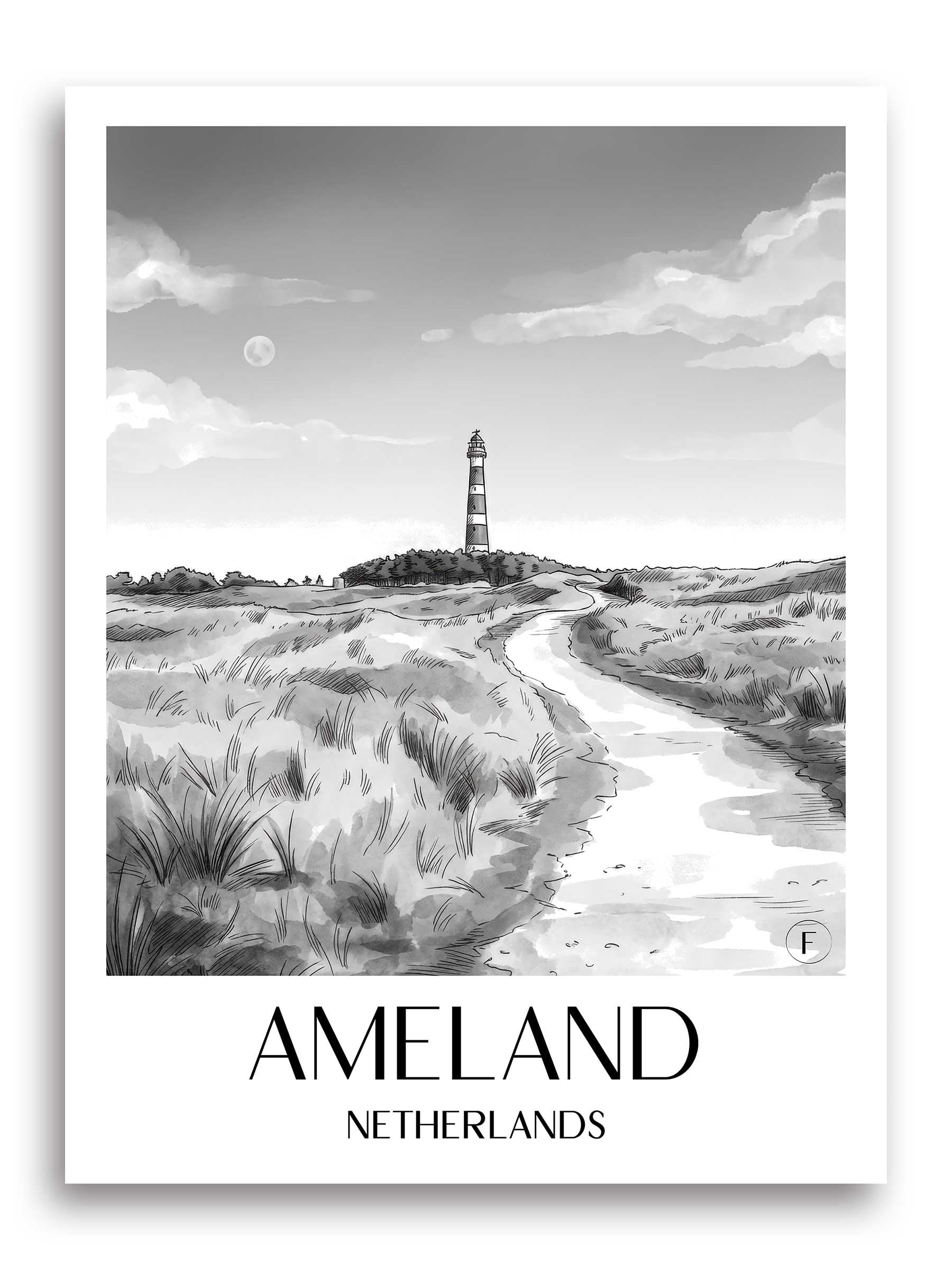 Ameland Poster - - Niederlande Kunstdruck - Aquarell Schwarz-Weiß von A4 bis A1 - favplace