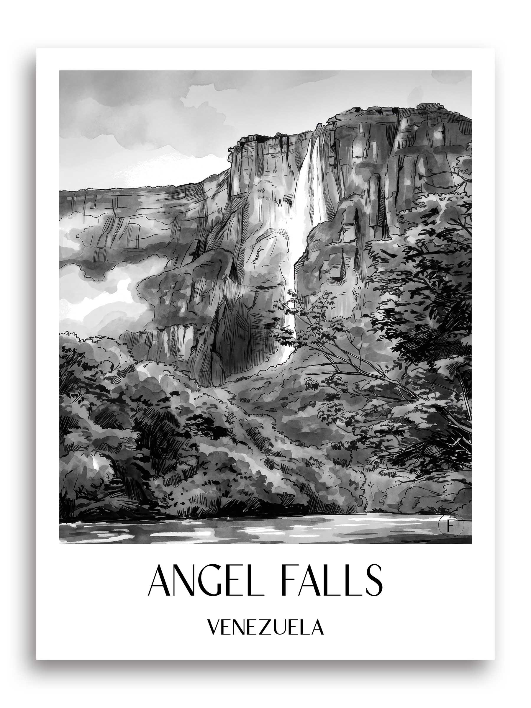 angel-falls-venezuela-poster-aquarell-schwarz-weiss