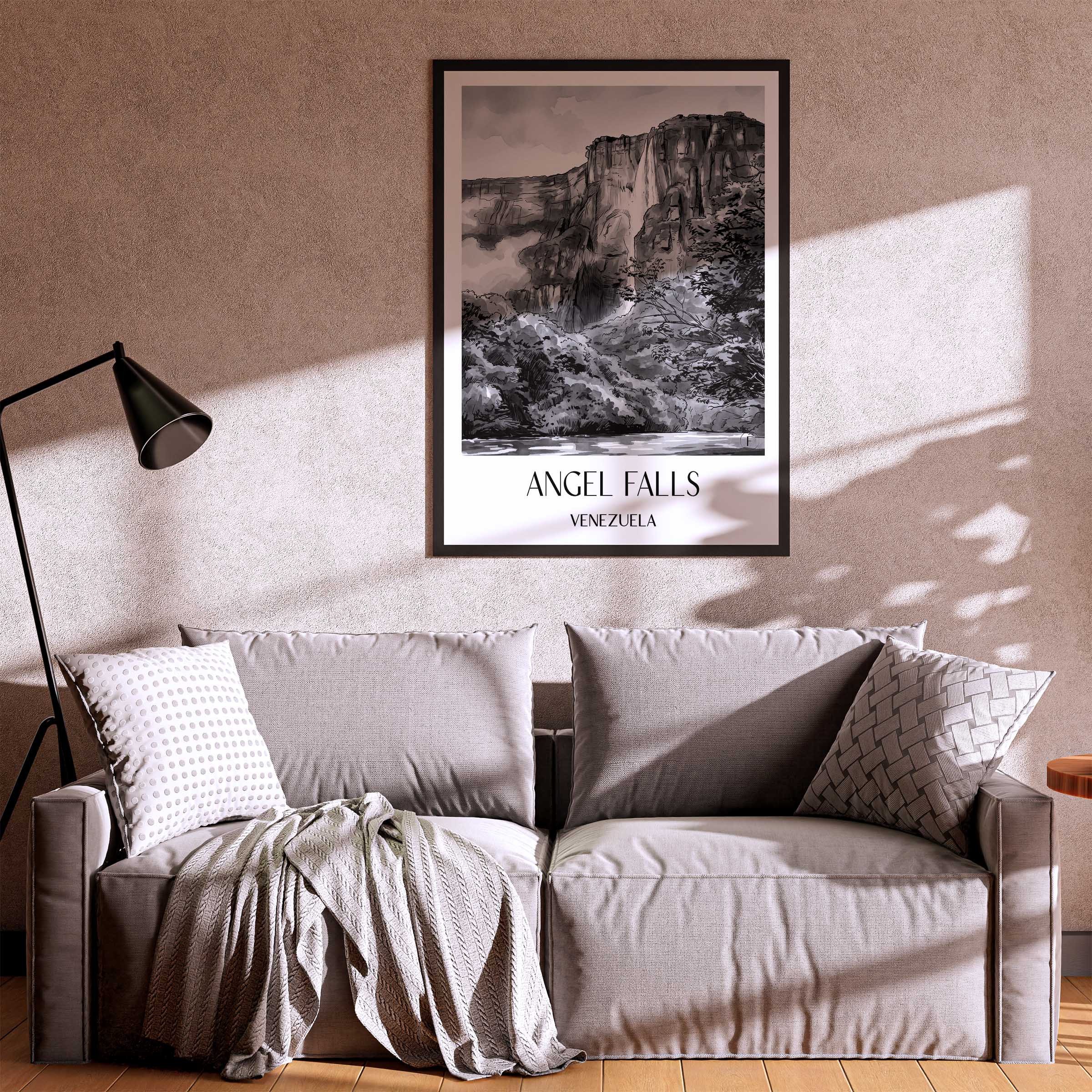 angel-falls-venezuela-poster-aquarell-schwarz-weiss