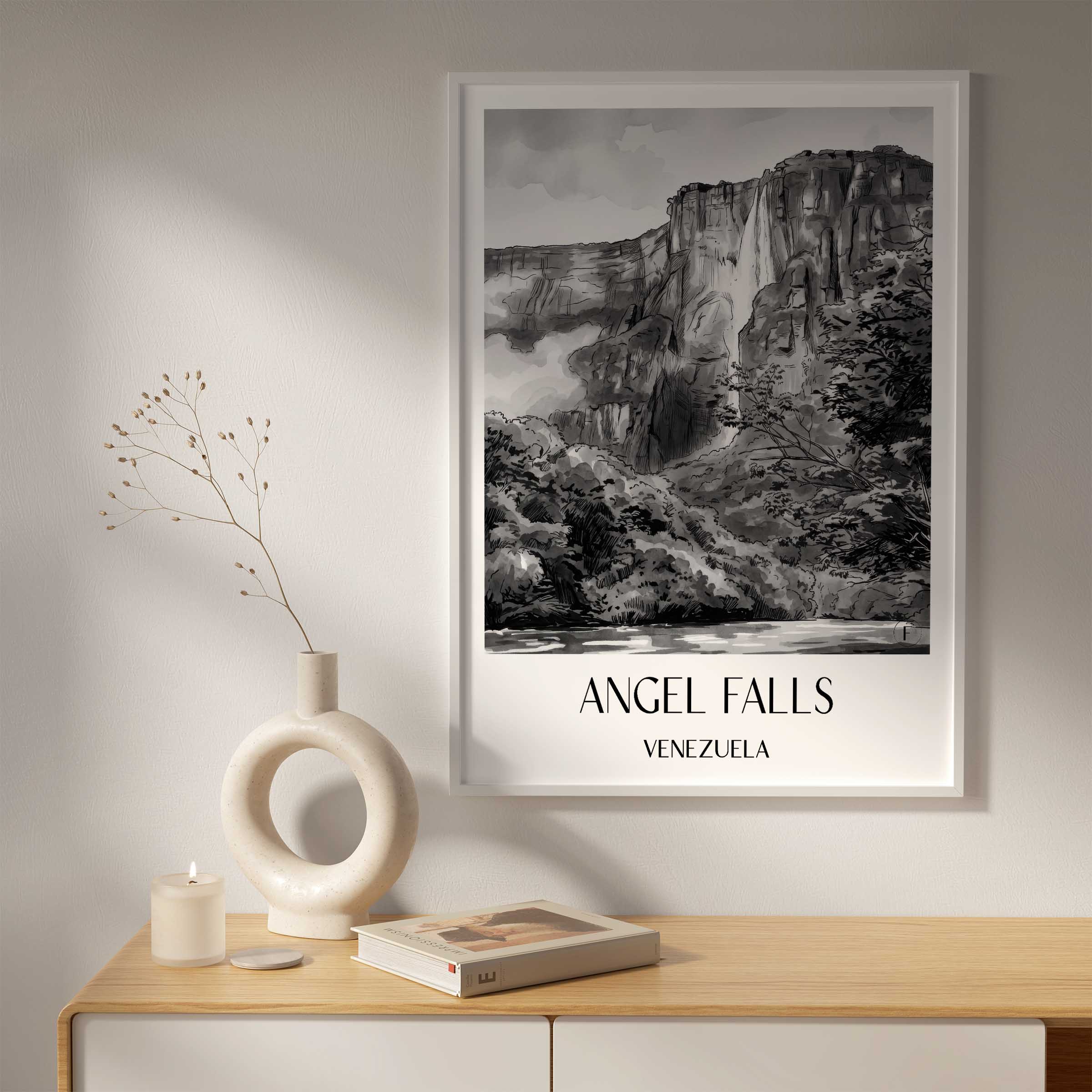 angel-falls-venezuela-poster-aquarell-schwarz-weiss
