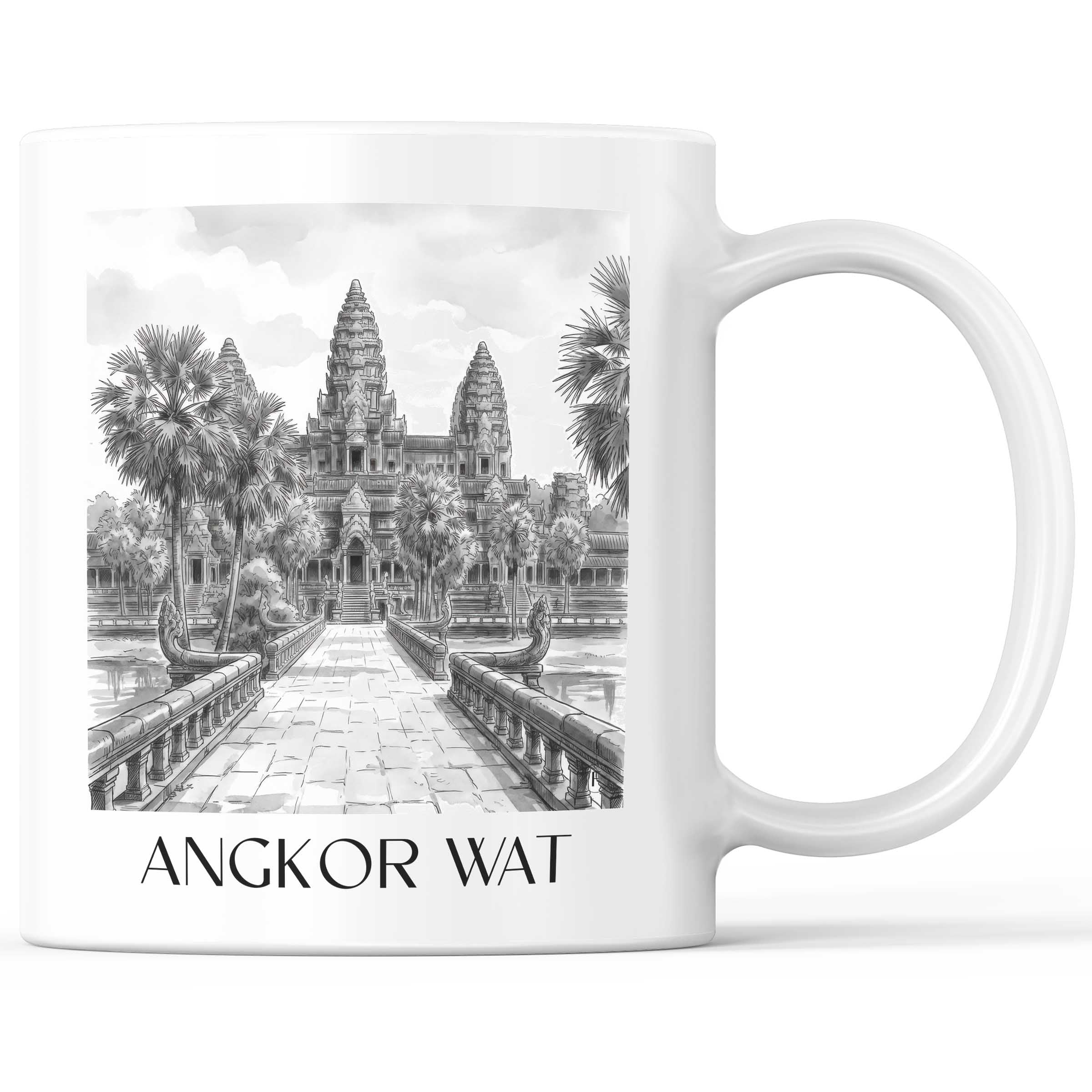 Angkor Wat - Kambodscha Becher - Kaffeetasse im Aquarell Schwarz-Weiß Stil - favplace