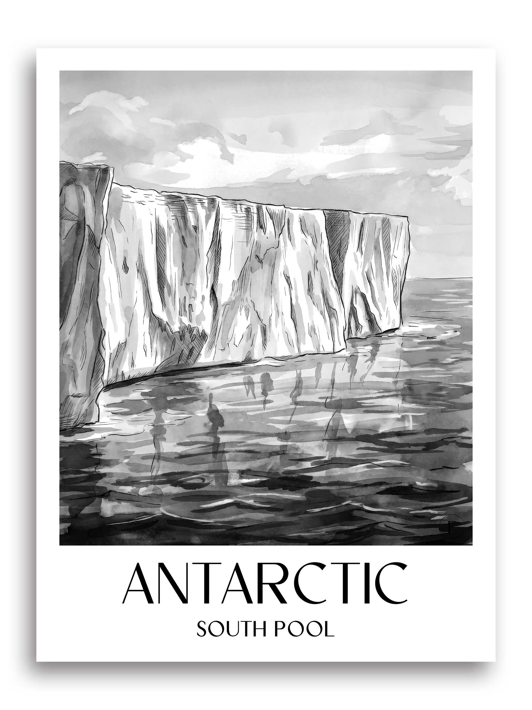 Antarktis Poster - - Südpol Kunstdruck - Aquarell Schwarz-Weiß von A4 bis A1 - favplace