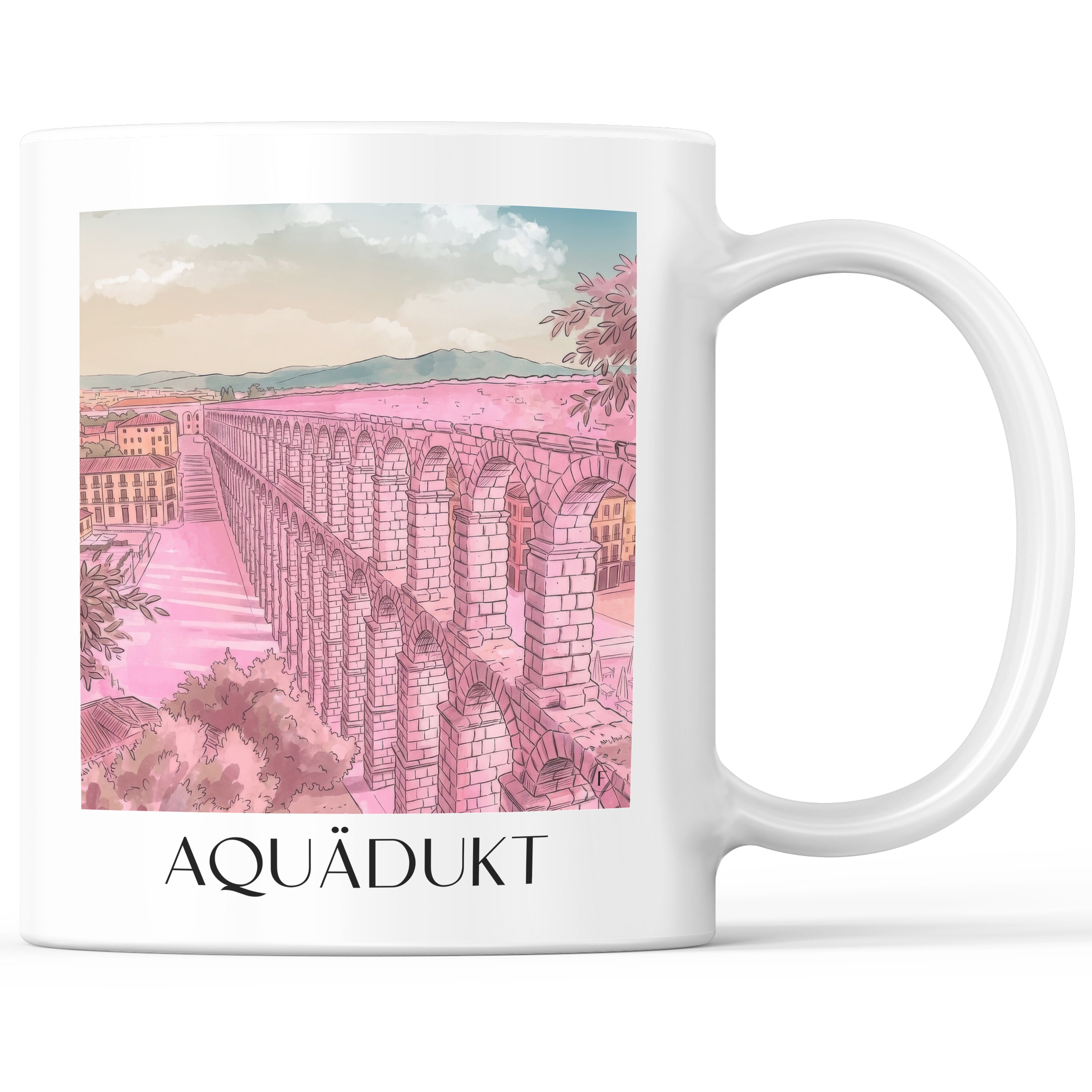 Aquädukt Kaffeebecher - Segovia - Spanien Becher - Kaffeetasse im Aquarell Pink Stil - favplace