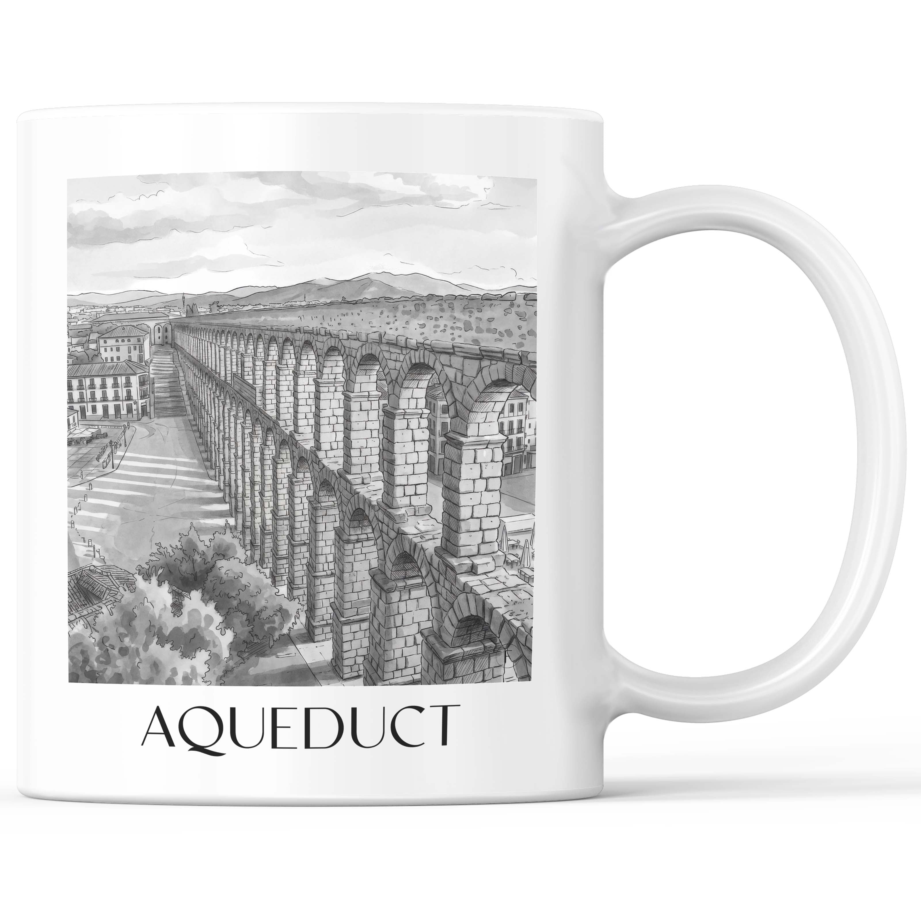 Aquädukt Kaffeebecher - Segovia - Spanien Becher - Kaffeetasse im Aquarell Schwarz-Weiß Stil - favplace