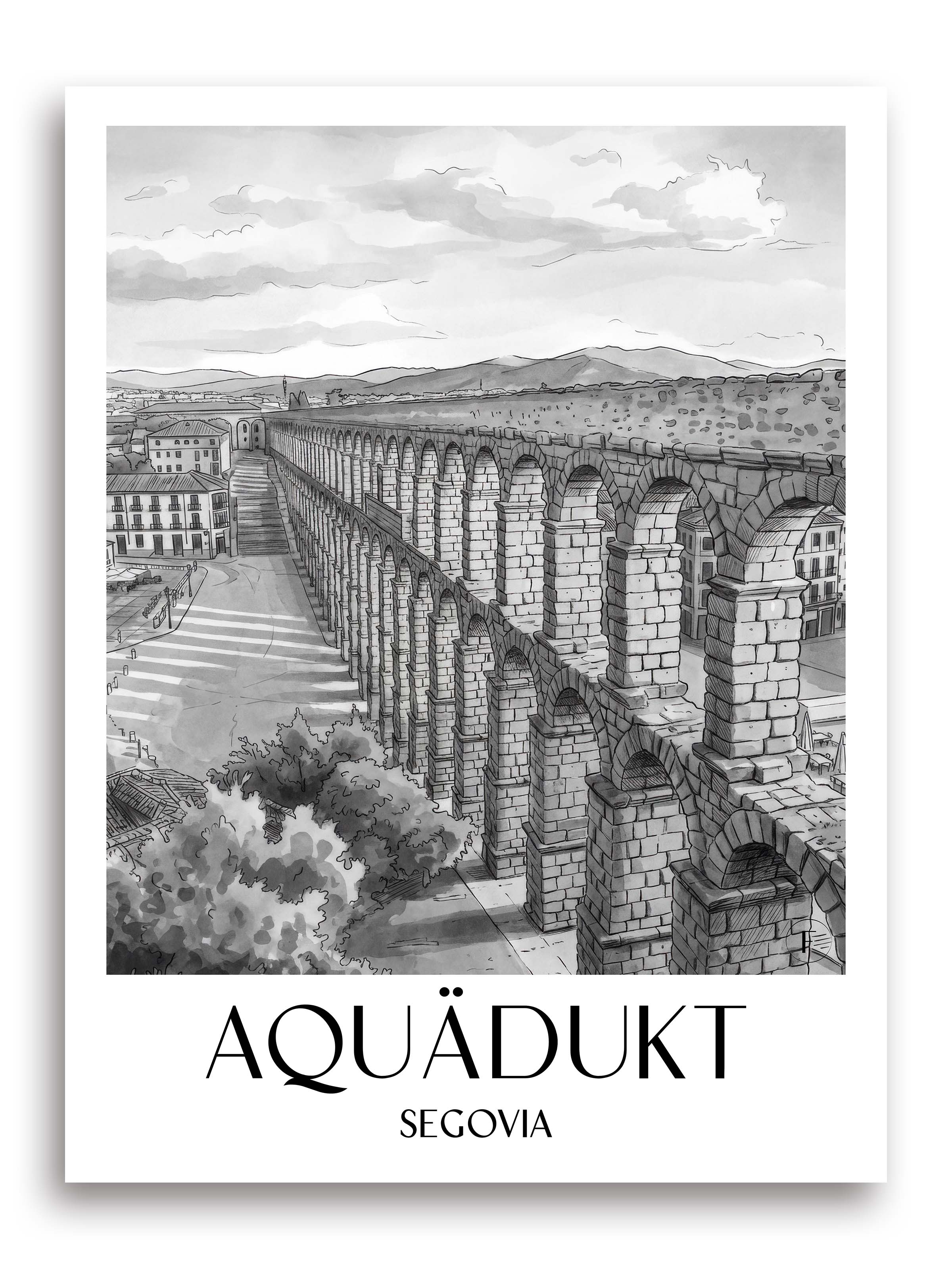 aquädukt-segovia-spanien-poster-aquarell-schwarz-weiss