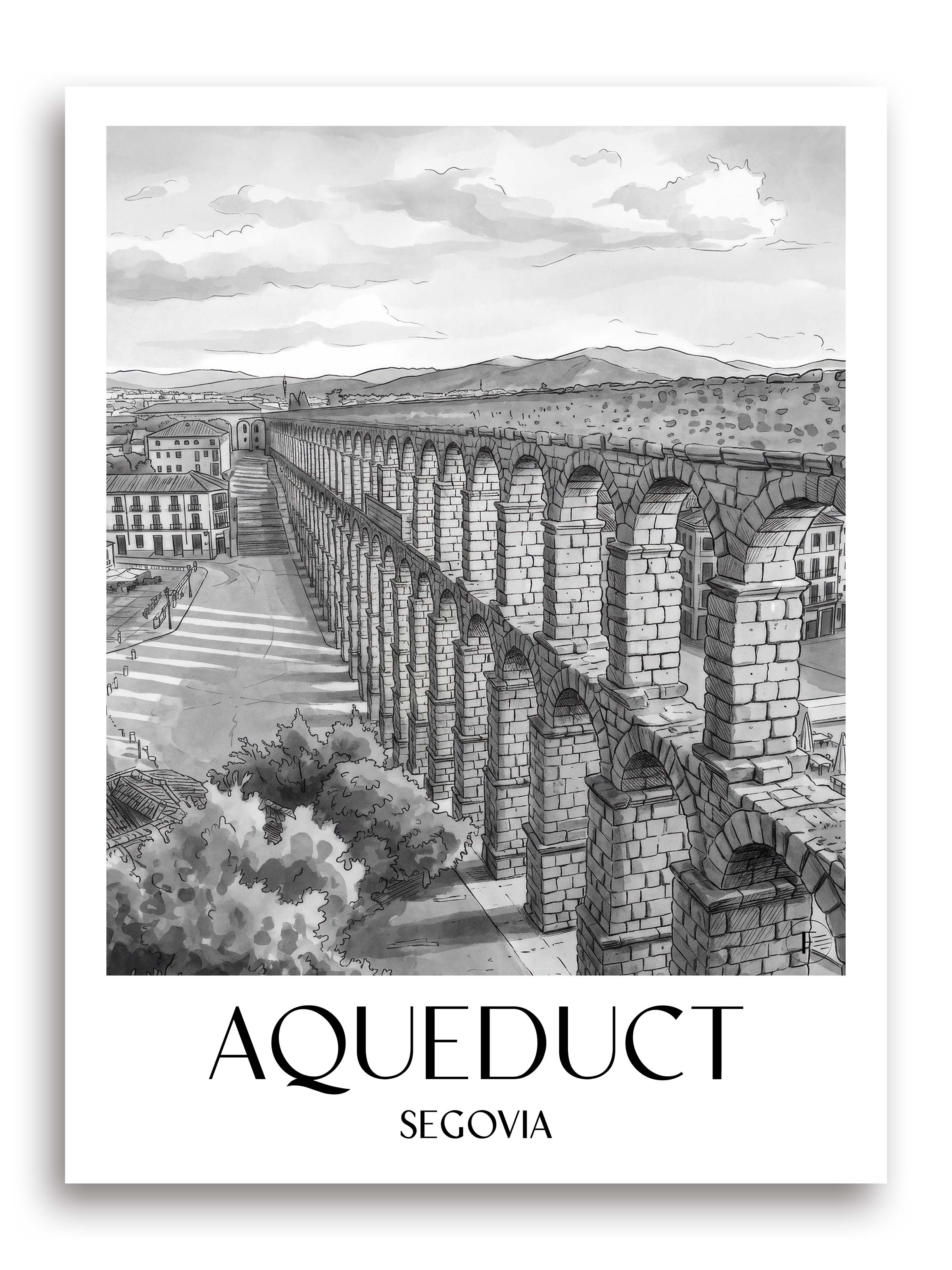 Aquädukt Poster - Segovia - Spanien Kunstdruck - Aquarell Schwarz-Weiß von A4 bis A1 - favplace
