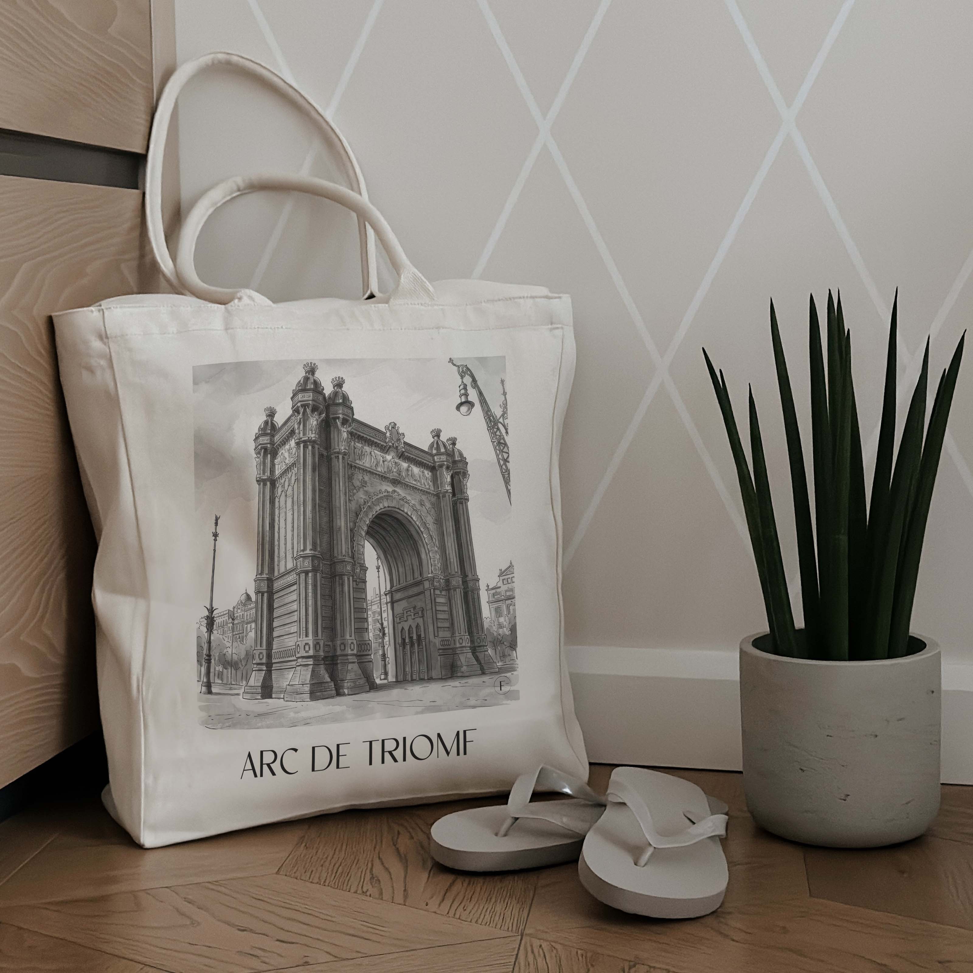arc-de-triomf-barcelona-spanien-einkaufstasche-aquarell-schwarz-weiss