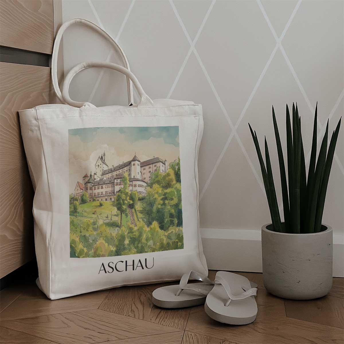 aschau-chiemgau-deutschland-einkaufstasche-aquarell