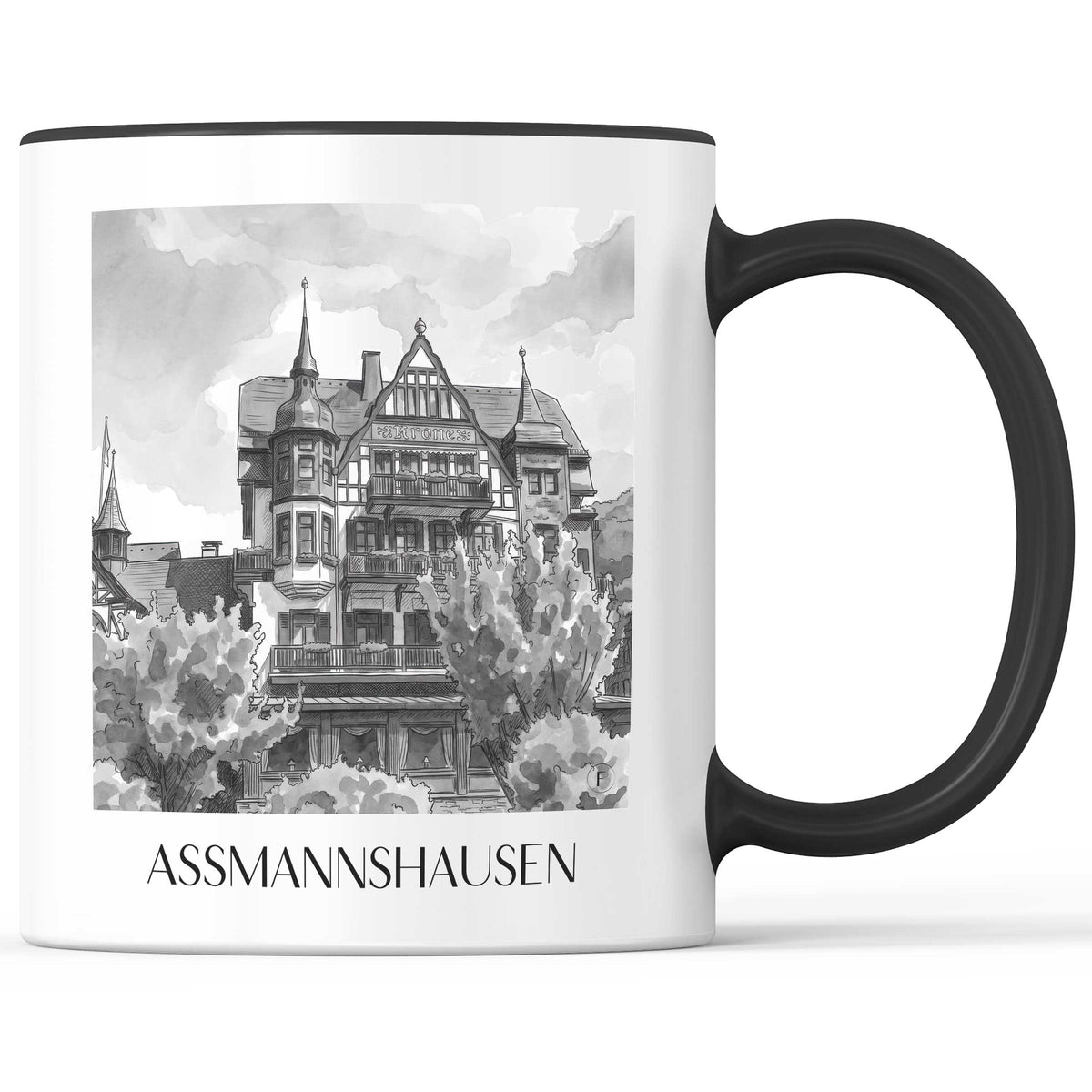 Assmanshausen Kaffeebecher - Rheingau - Deutschland Becher - Kaffeetasse im Aquarell Schwarz-Weiß Stil - favplace