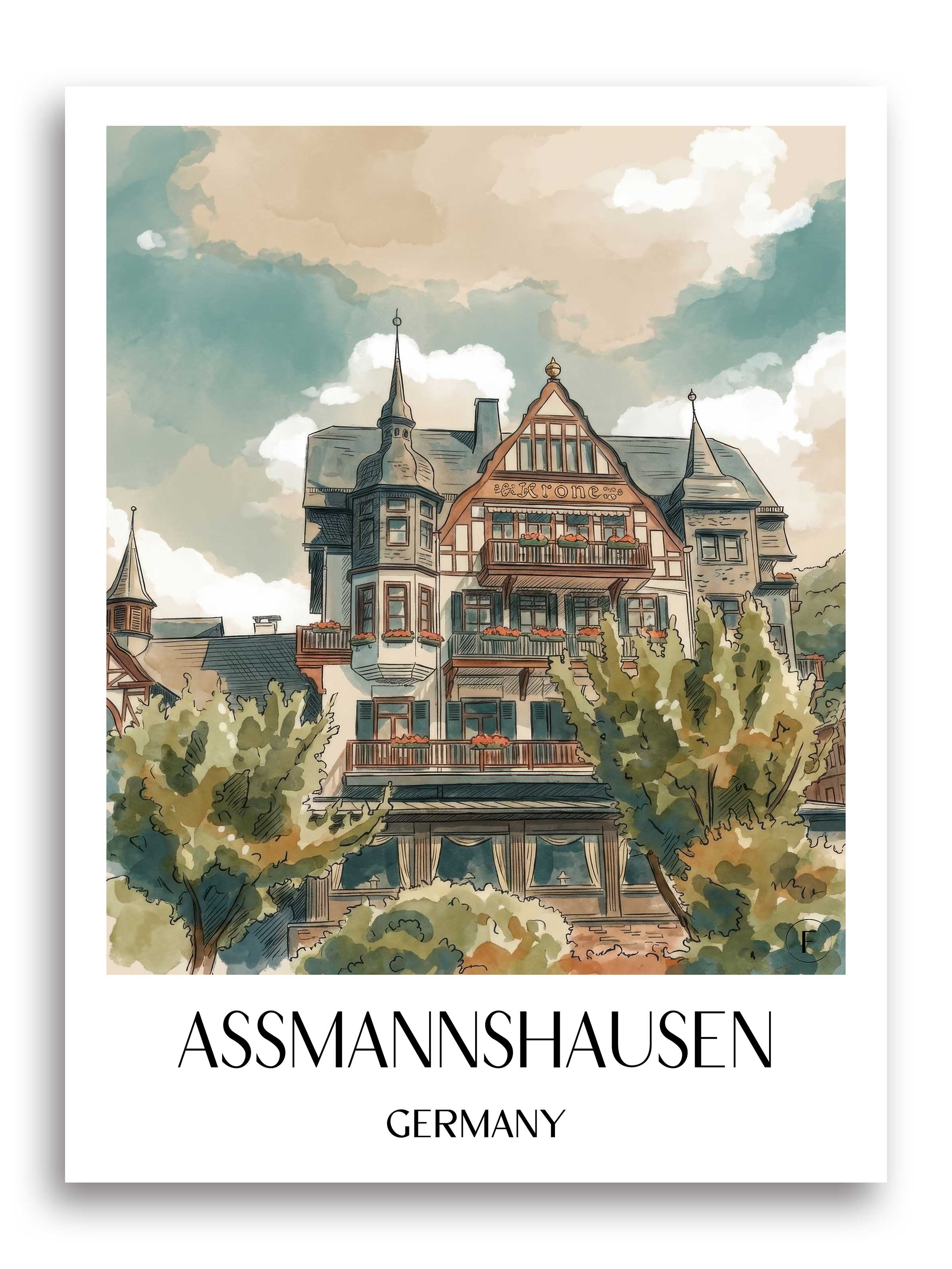 Assmanshausen Poster - Rheingau - Deutschland Kunstdruck - Aquarell von A4 bis A1 - favplace