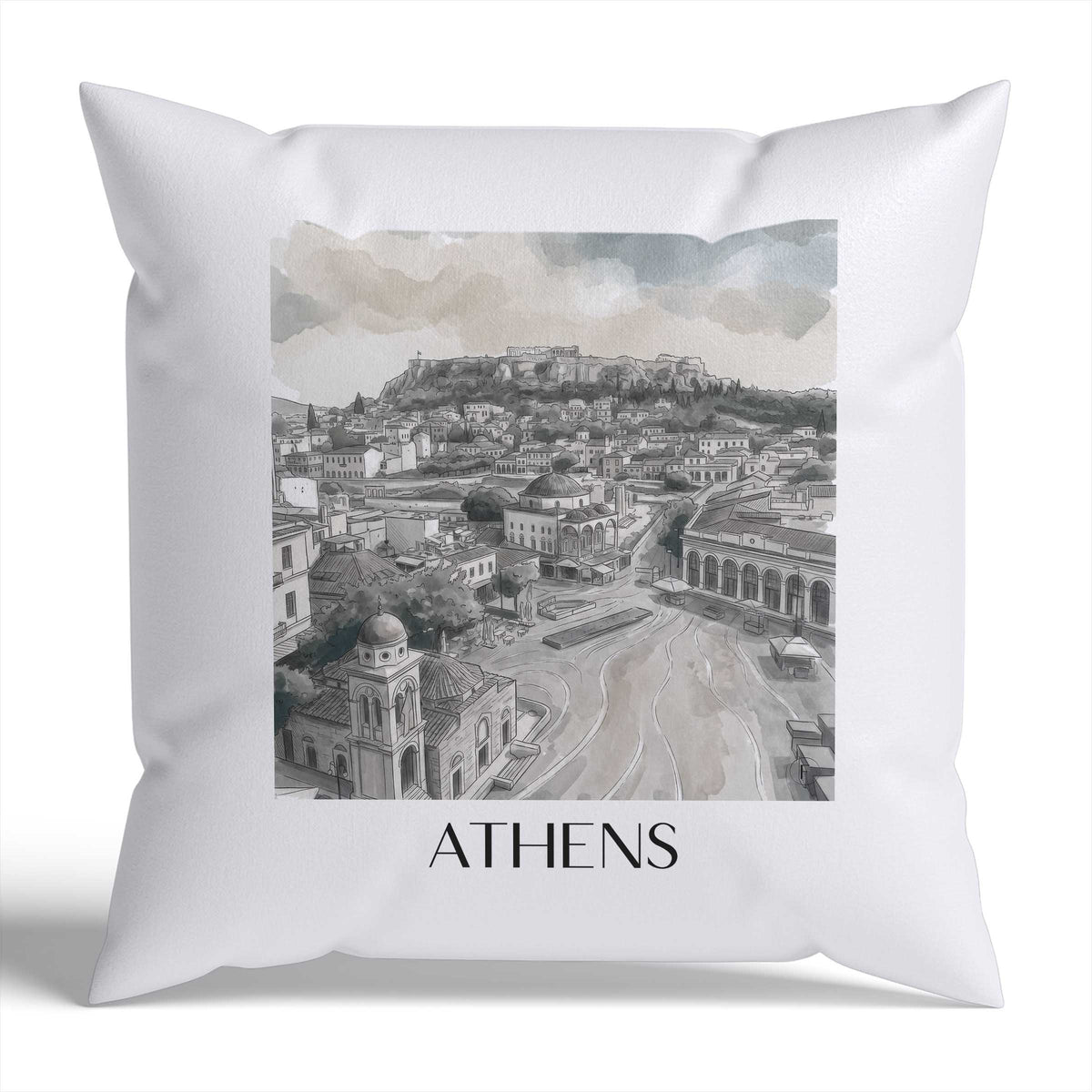Athen Kissenhülle - Zierkissen Bezug - Griechenland - Griechenland Kissen bzw. Kissenbezug im Aquarell Schwarz-Weiß Stil - favplace