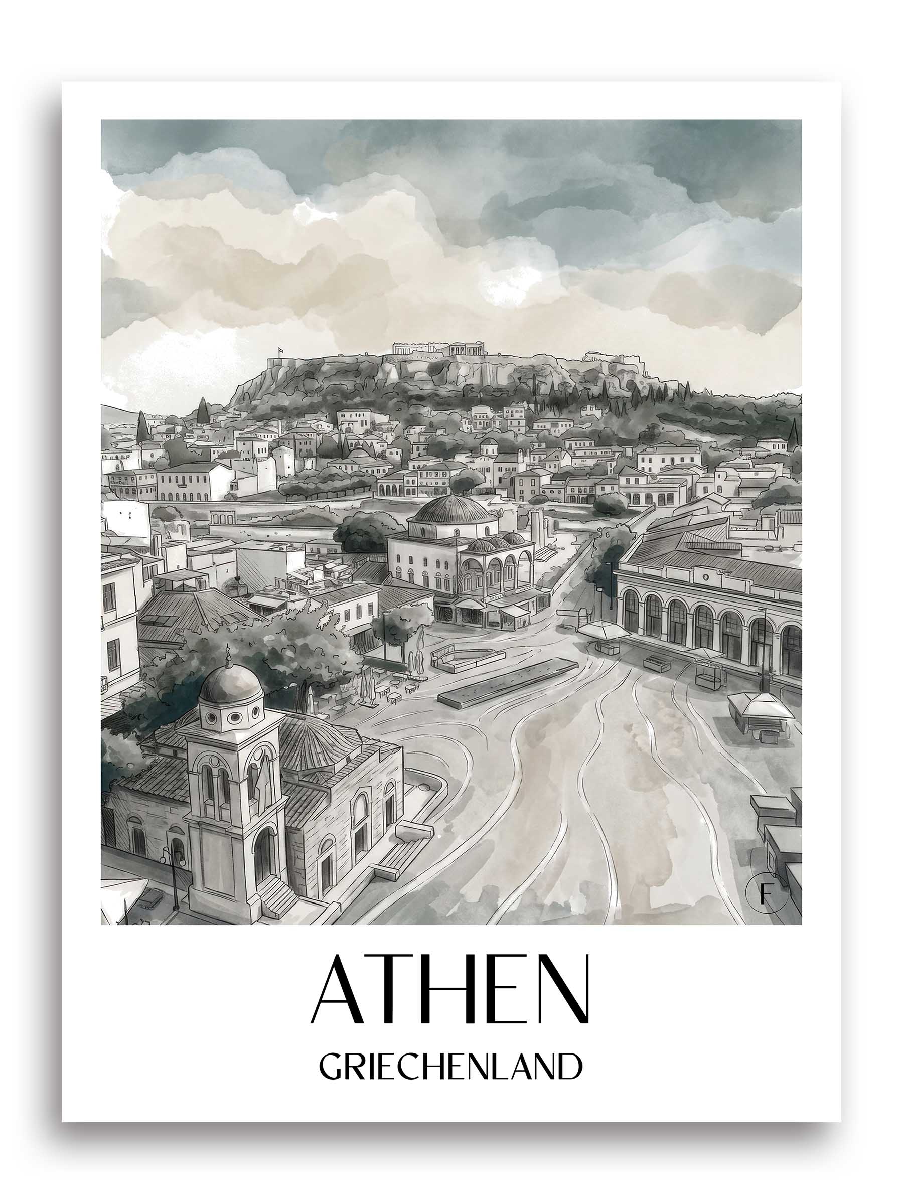 athen-griechenland-poster-aquarell-schwarz-weiss