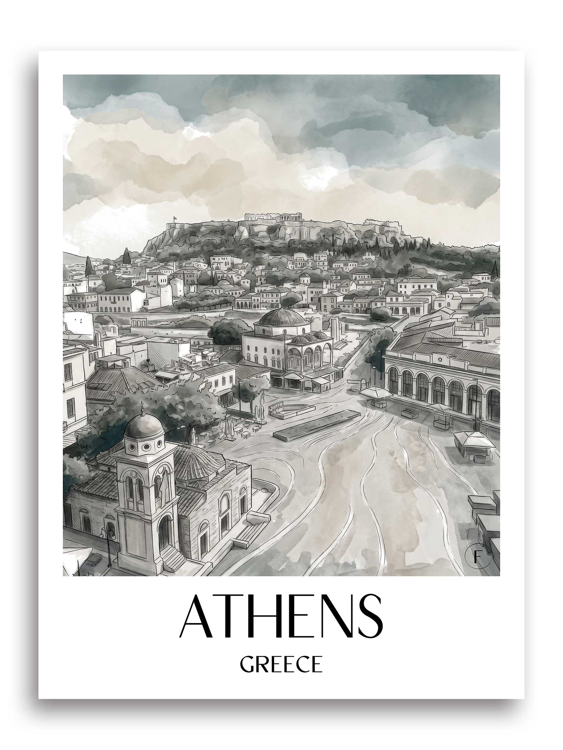 Athen Poster - - Griechenland Kunstdruck - Aquarell Schwarz-Weiß von A4 bis A1 - favplace