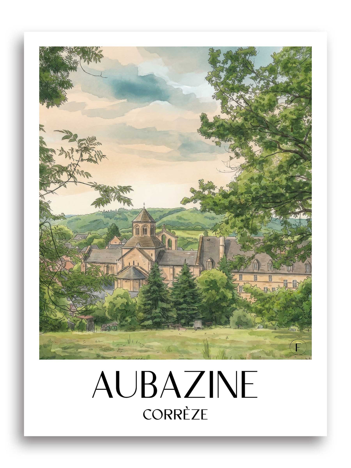 Aubazine Poster - Corrèze - Frankreich Kunstdruck - Aquarell von A4 bis A1 - favplace