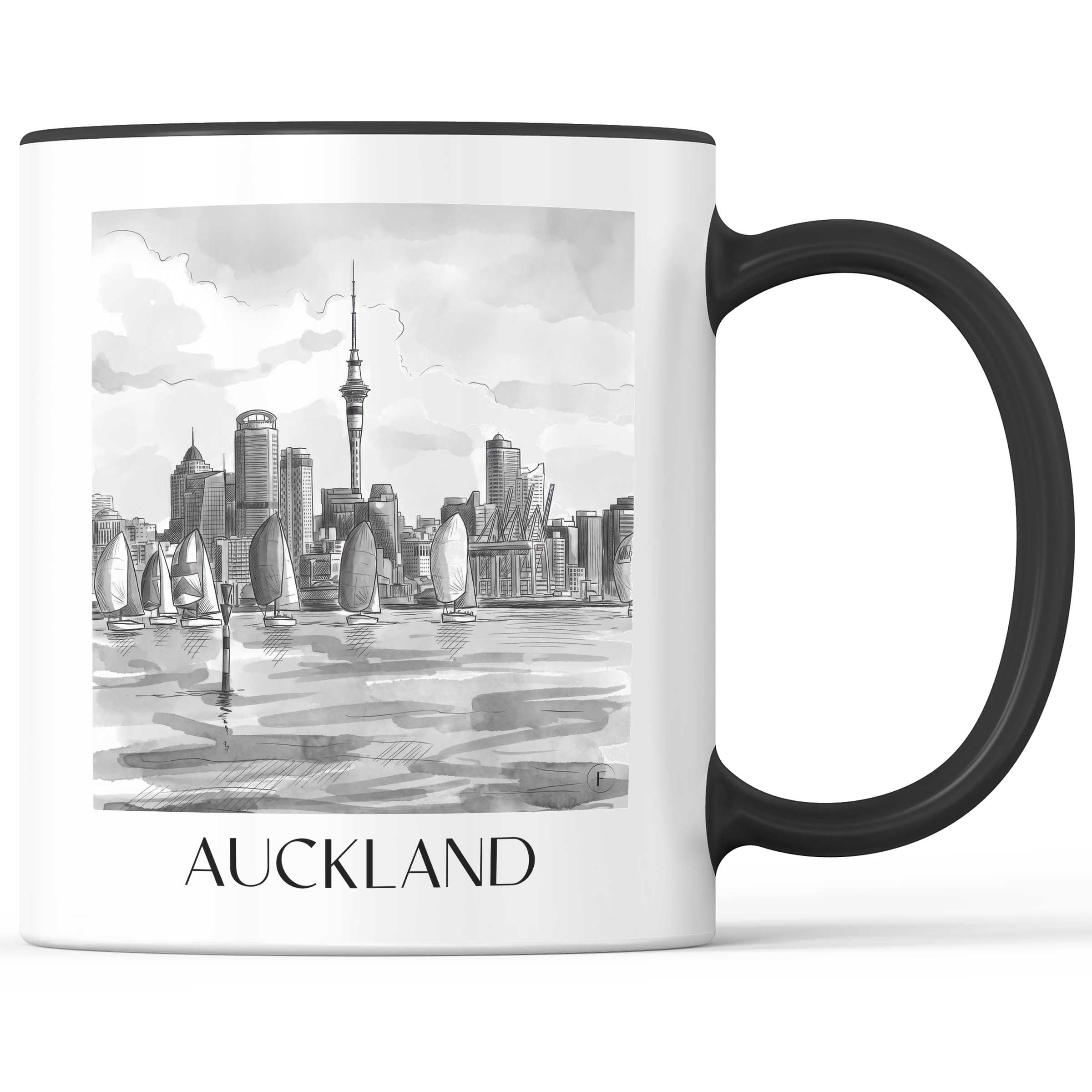 Auckland - Neuseeland Becher - Kaffeetasse im Aquarell Schwarz-Weiß Stil - favplace