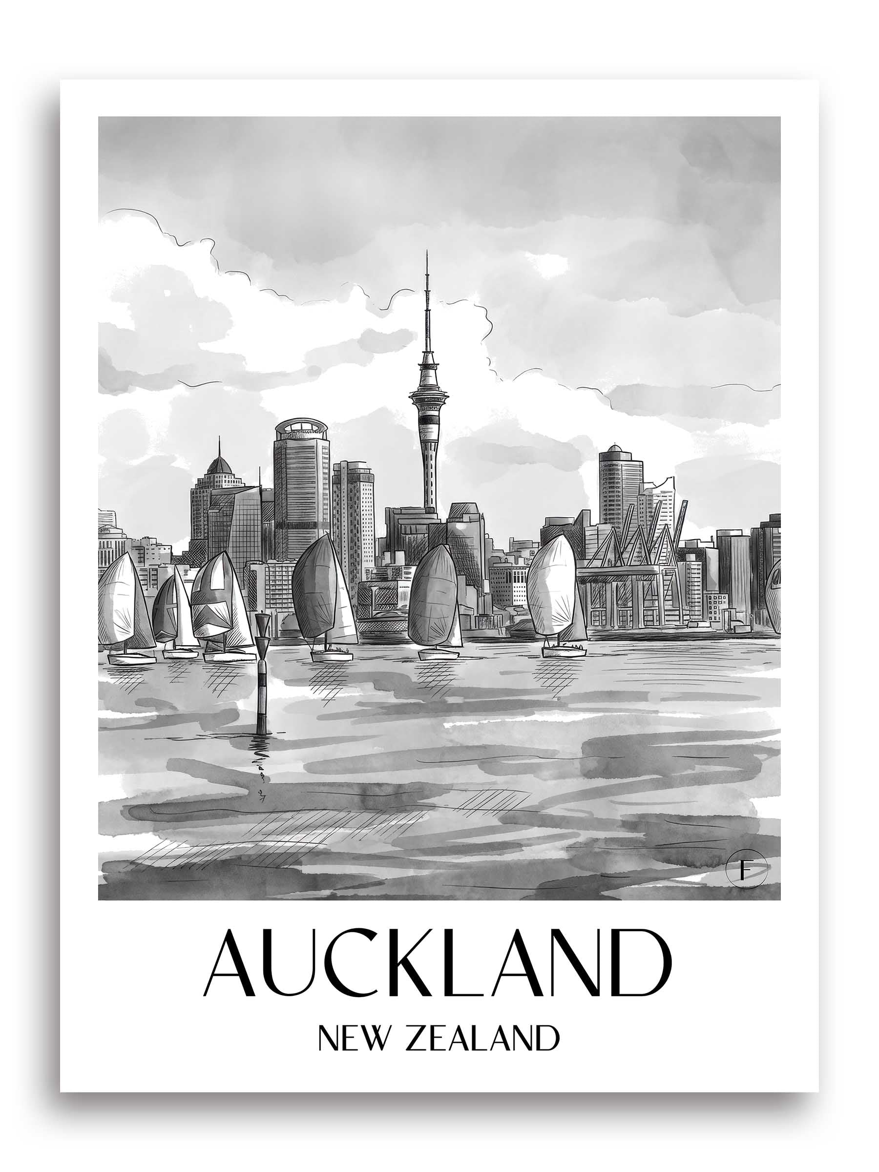Auckland Poster - - Neuseeland Kunstdruck - Aquarell Schwarz-Weiß von A4 bis A1 - favplace