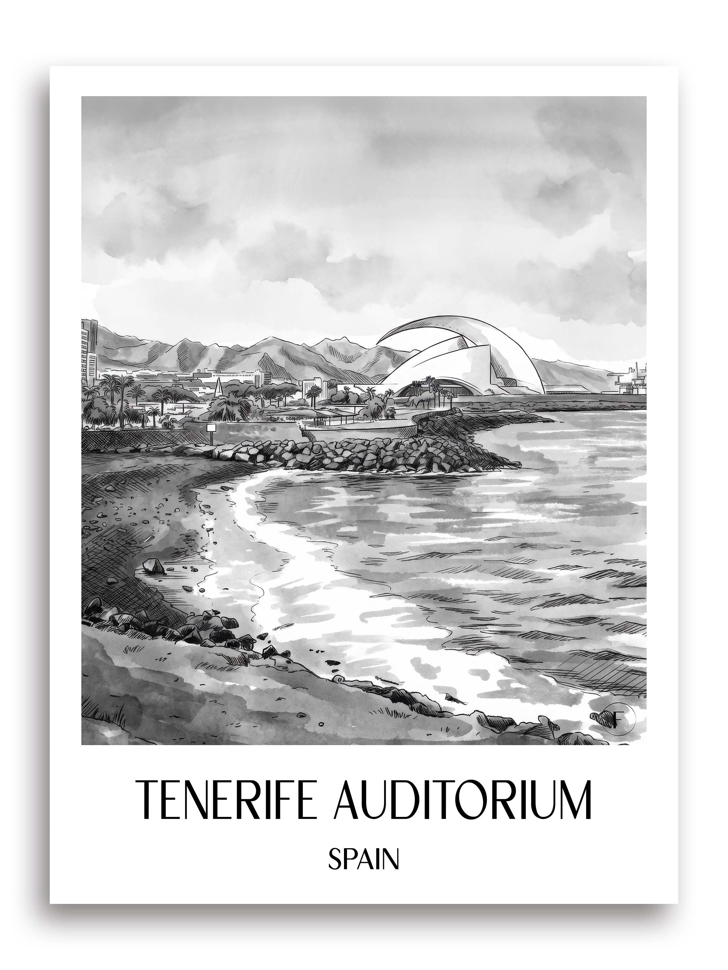 Auditorio de Tenerife Poster - Spanien - Spanien Kunstdruck - Aquarell Schwarz-Weiß von A4 bis A1 - favplace