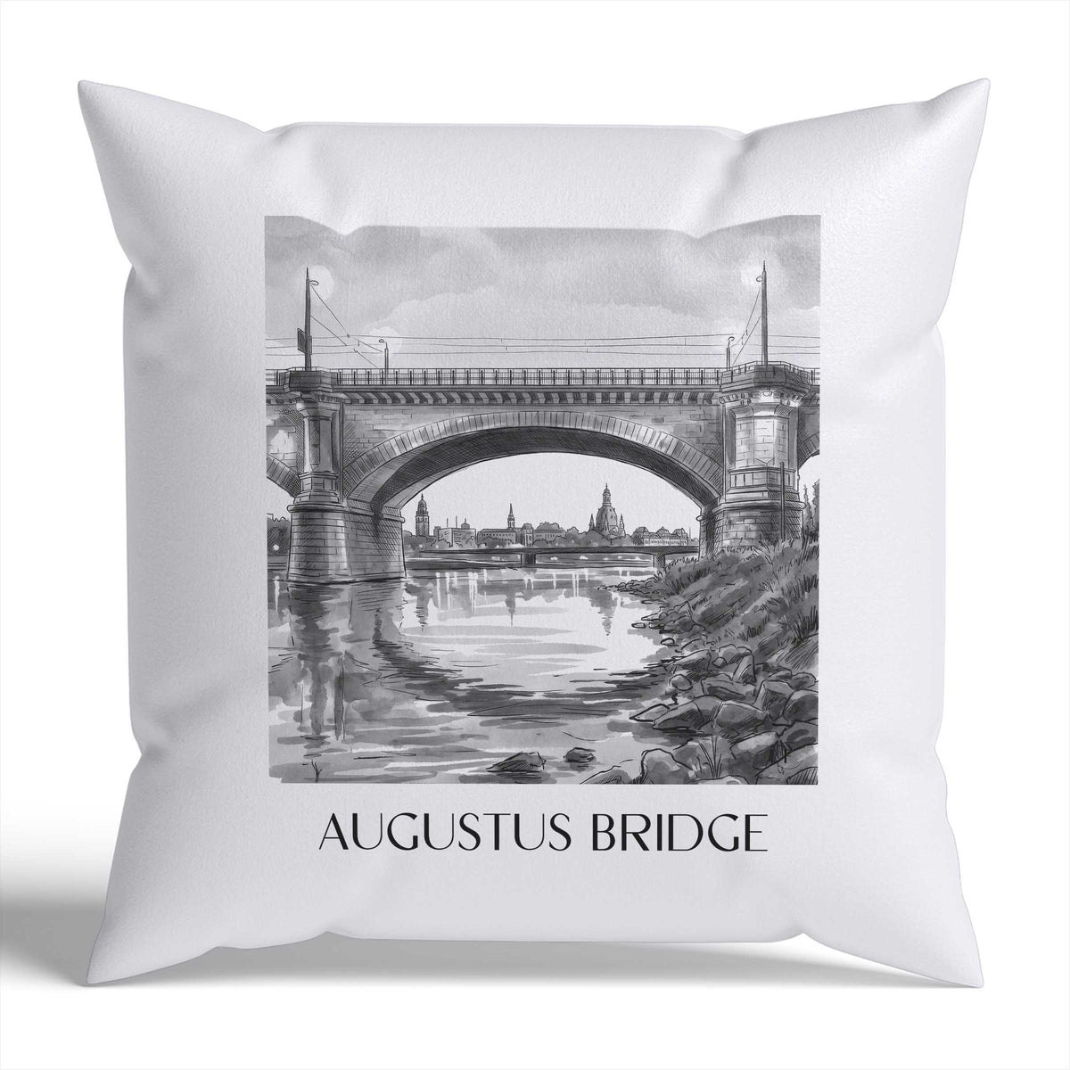 Augustusbrücke Kissenhülle - Zierkissen Bezug - Dresden - Deutschland Kissen bzw. Kissenbezug im Aquarell Schwarz-Weiß Stil - favplace