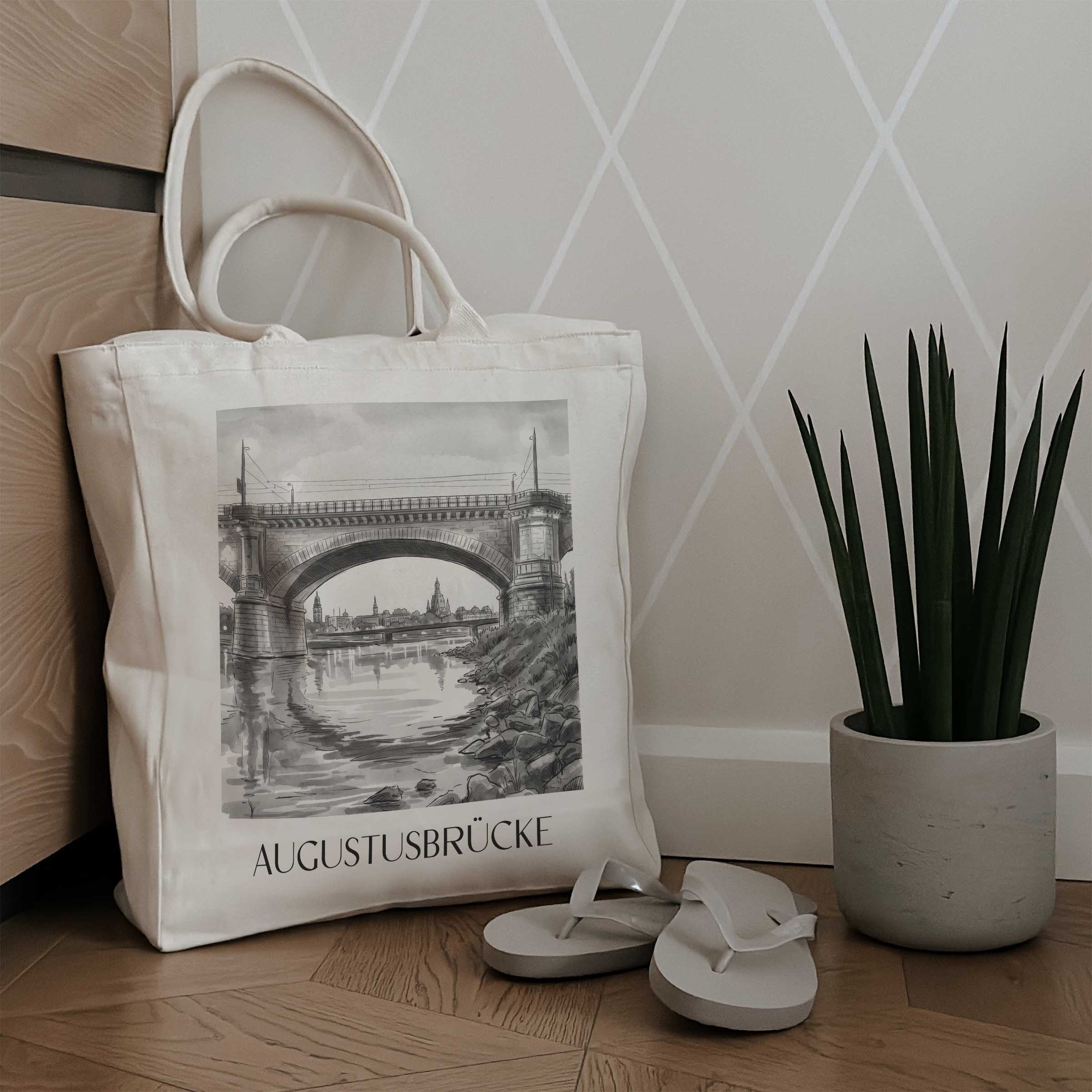 augustusbrücke-dresden-deutschland-einkaufstasche-aquarell-schwarz-weiss