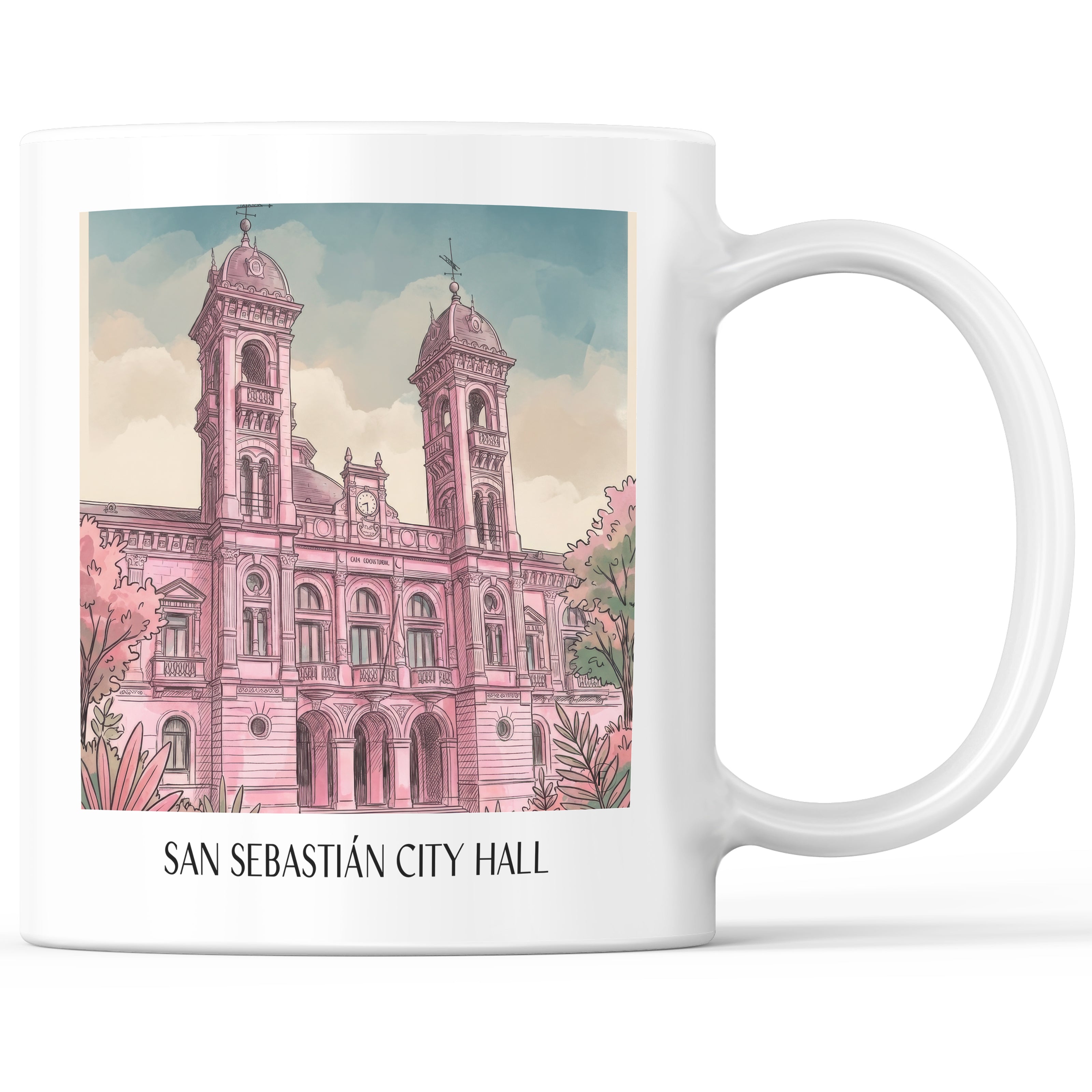 Ayuntamiento de San Sebastián Kaffeebecher - Spanien - Spanien Becher - Kaffeetasse im Aquarell Pink Stil - favplace